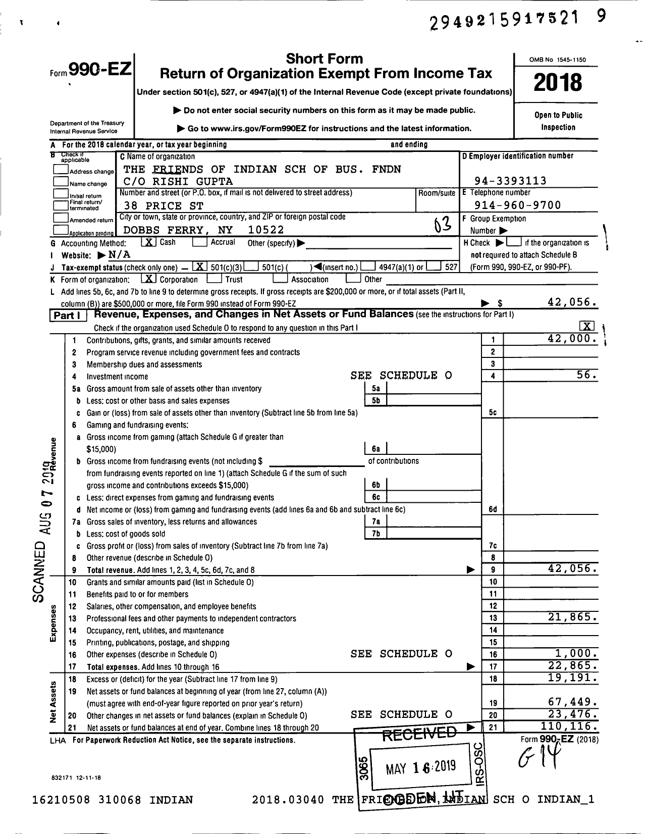 Image of first page of 2018 Form 990EZ for The Friends of Indian SCH of Bus FNDN