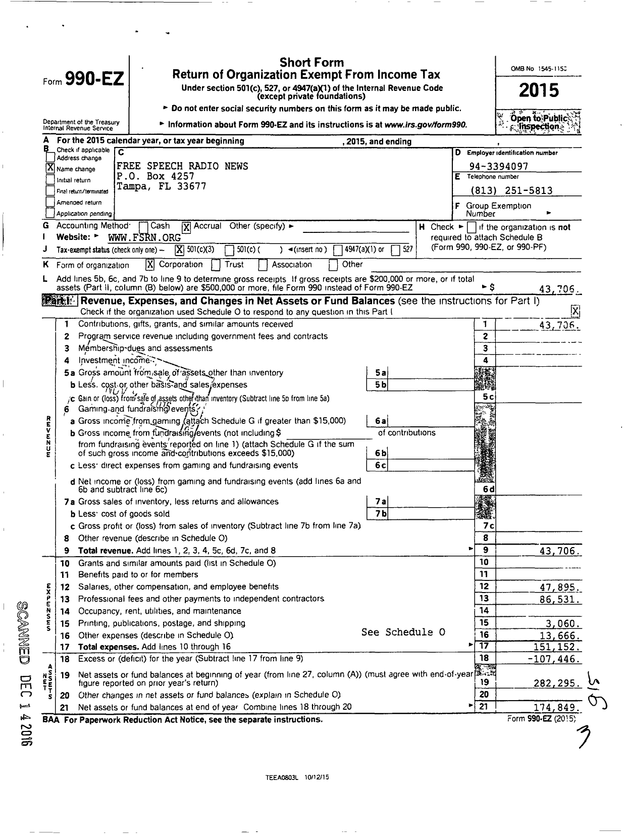 Image of first page of 2015 Form 990EZ for Free Speech Radio News