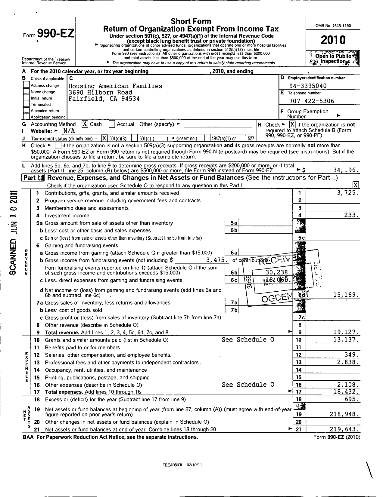 Image of first page of 2010 Form 990EZ for Housing American Families