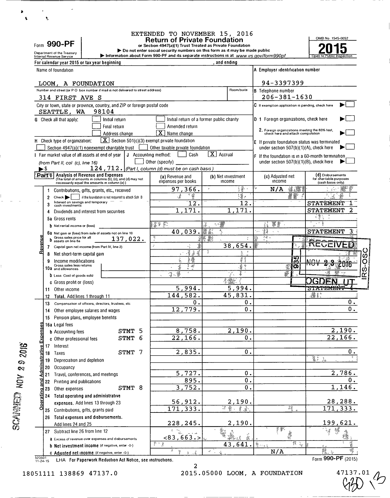 Image of first page of 2015 Form 990PF for Loom A Foundation