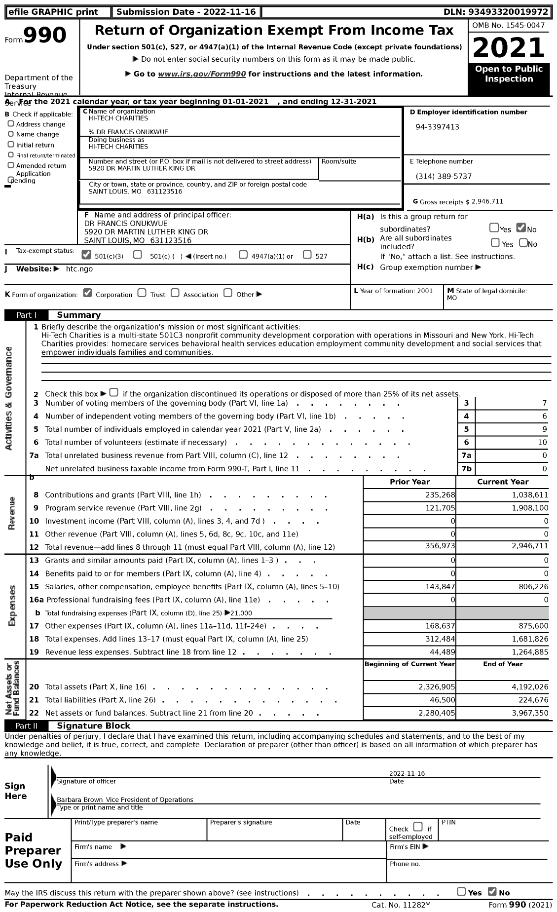 Image of first page of 2021 Form 990 for Hi-Tech Charities