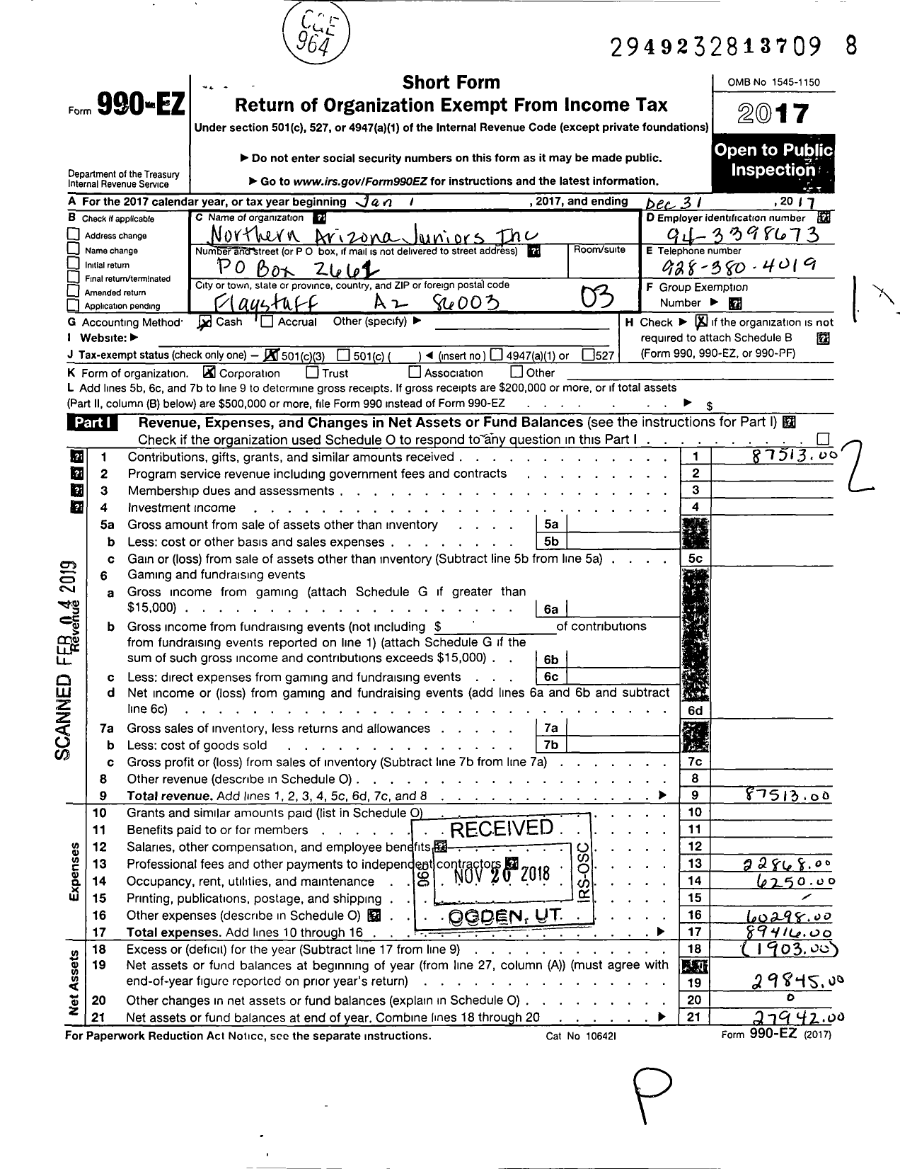 Image of first page of 2017 Form 990EZ for Northern Arizona Juniors