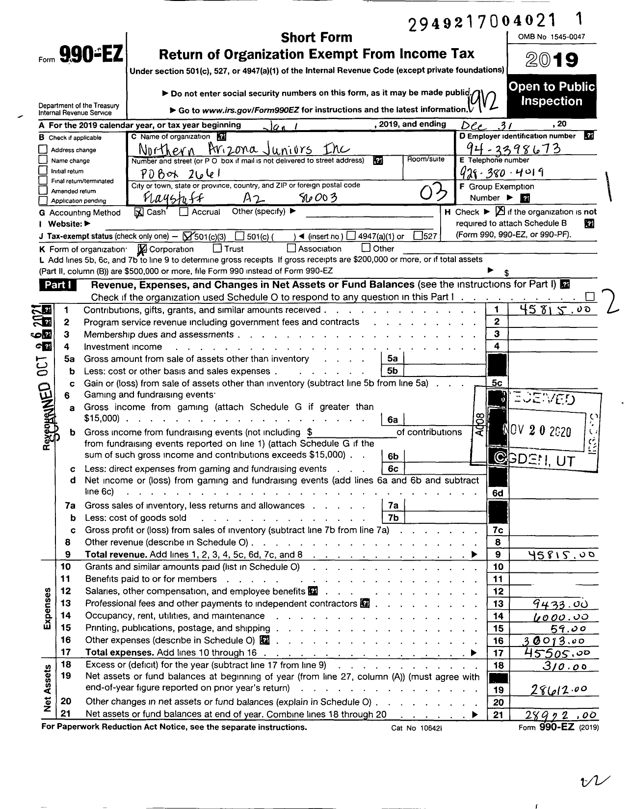 Image of first page of 2019 Form 990EZ for Northern Arizona Juniors