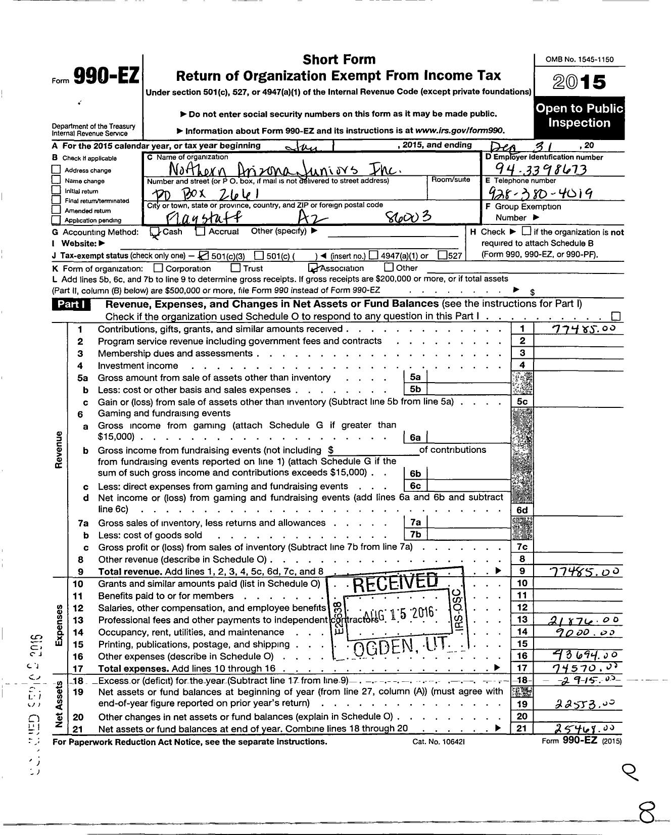 Image of first page of 2015 Form 990EZ for Northern Arizona Juniors