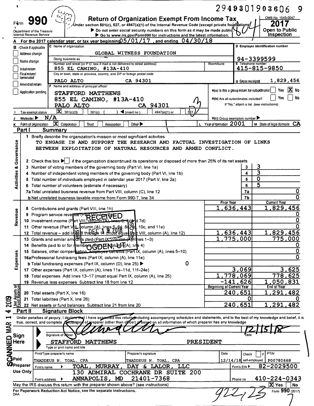 Image of first page of 2017 Form 990 for Global Witness Foundation