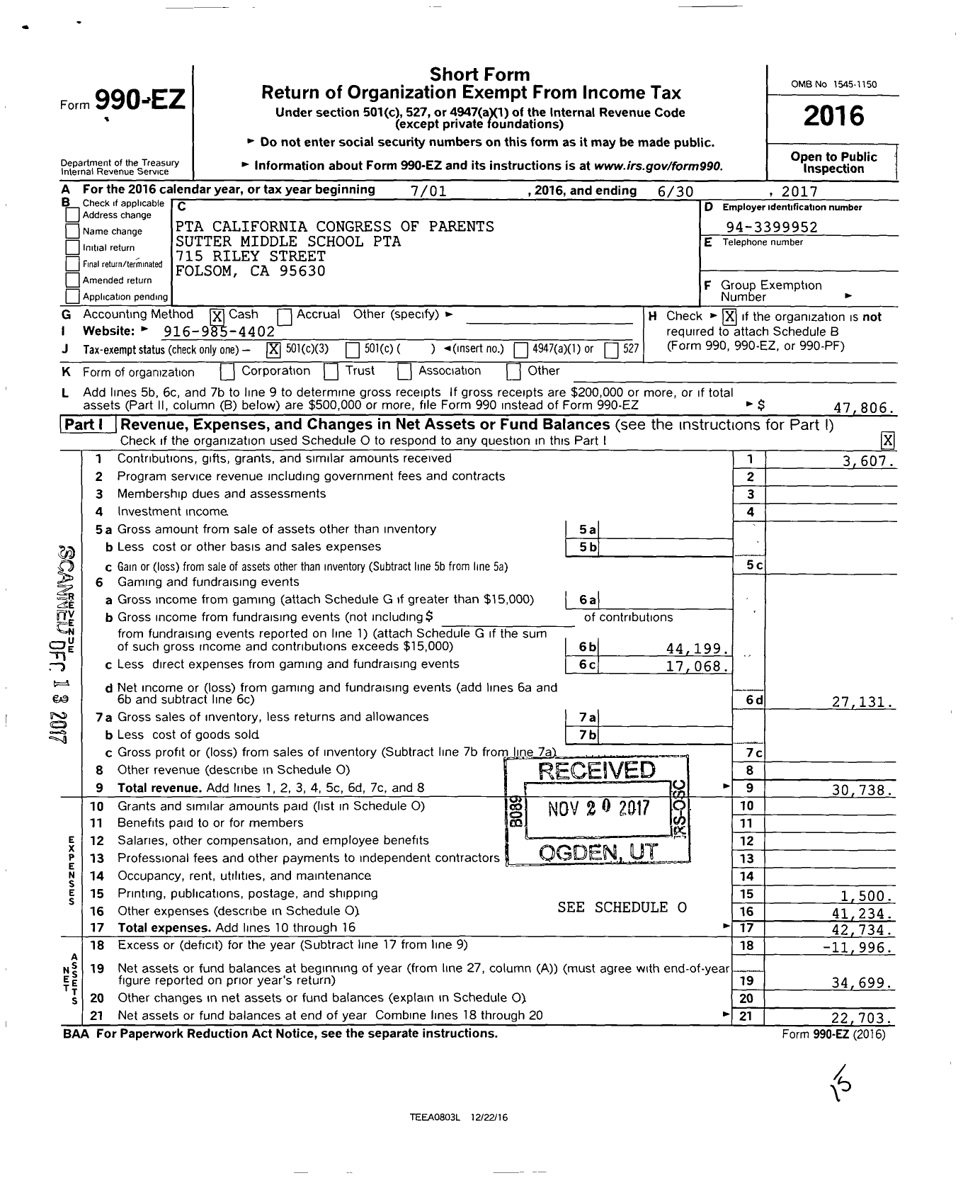 Image of first page of 2016 Form 990EZ for California State PTA - Sutter Middle School PTA