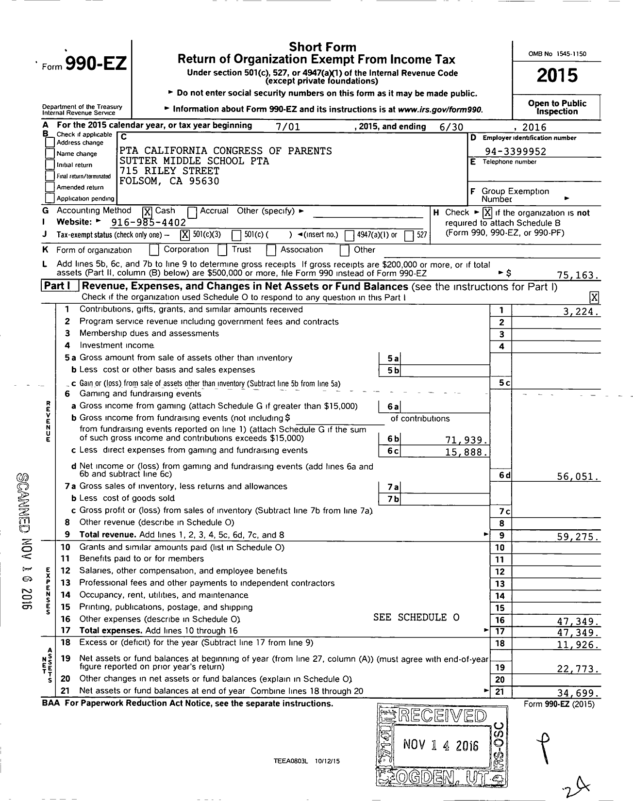 Image of first page of 2015 Form 990EZ for California State PTA - Sutter Middle School PTA