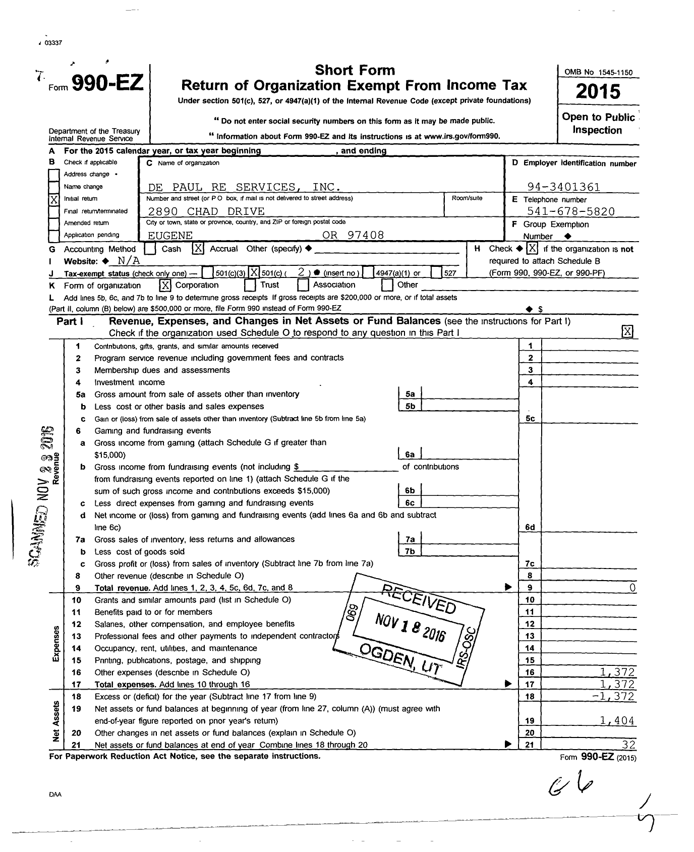 Image of first page of 2015 Form 990EO for De Paul Re Services