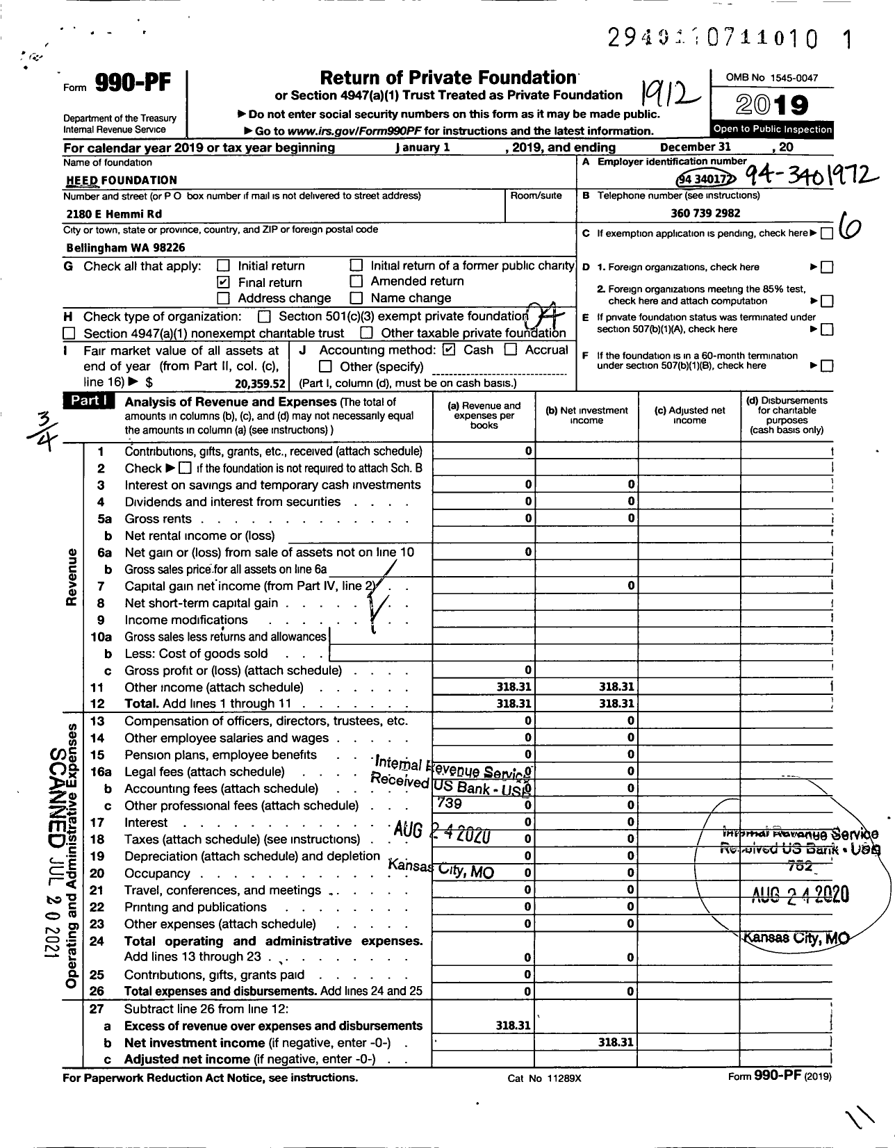 Image of first page of 2019 Form 990PF for Heed Foundation