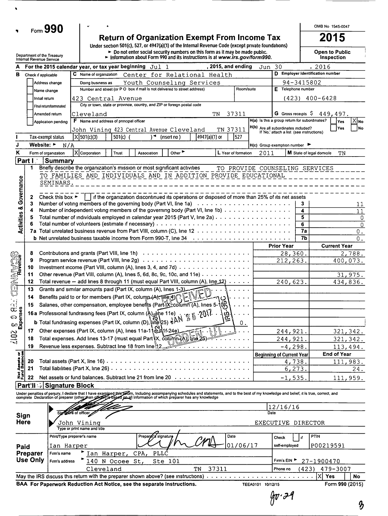 Image of first page of 2015 Form 990 for Center for Relational Health Youth Counseling Services