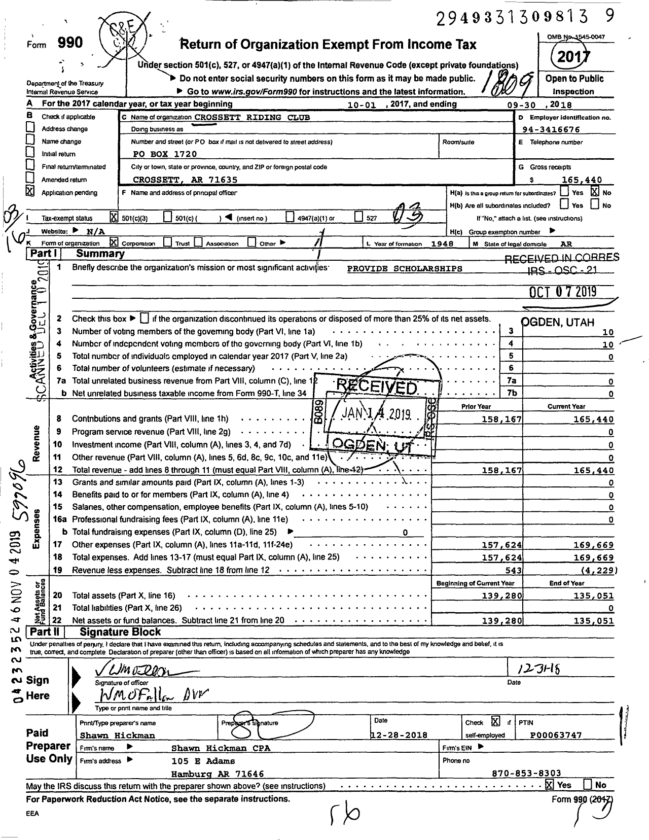 Image of first page of 2017 Form 990 for Crossett Riding Club