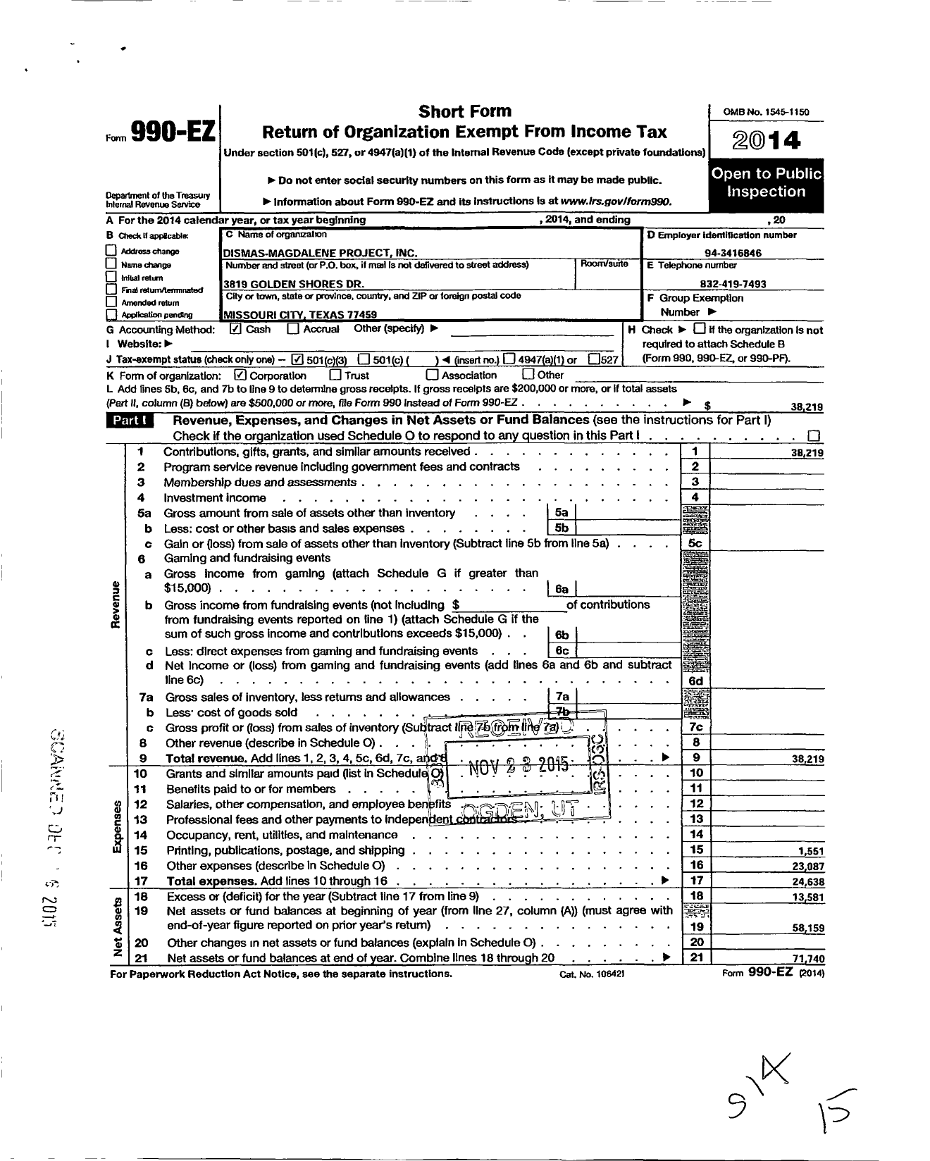 Image of first page of 2014 Form 990EZ for Dismas-Magdalene Project