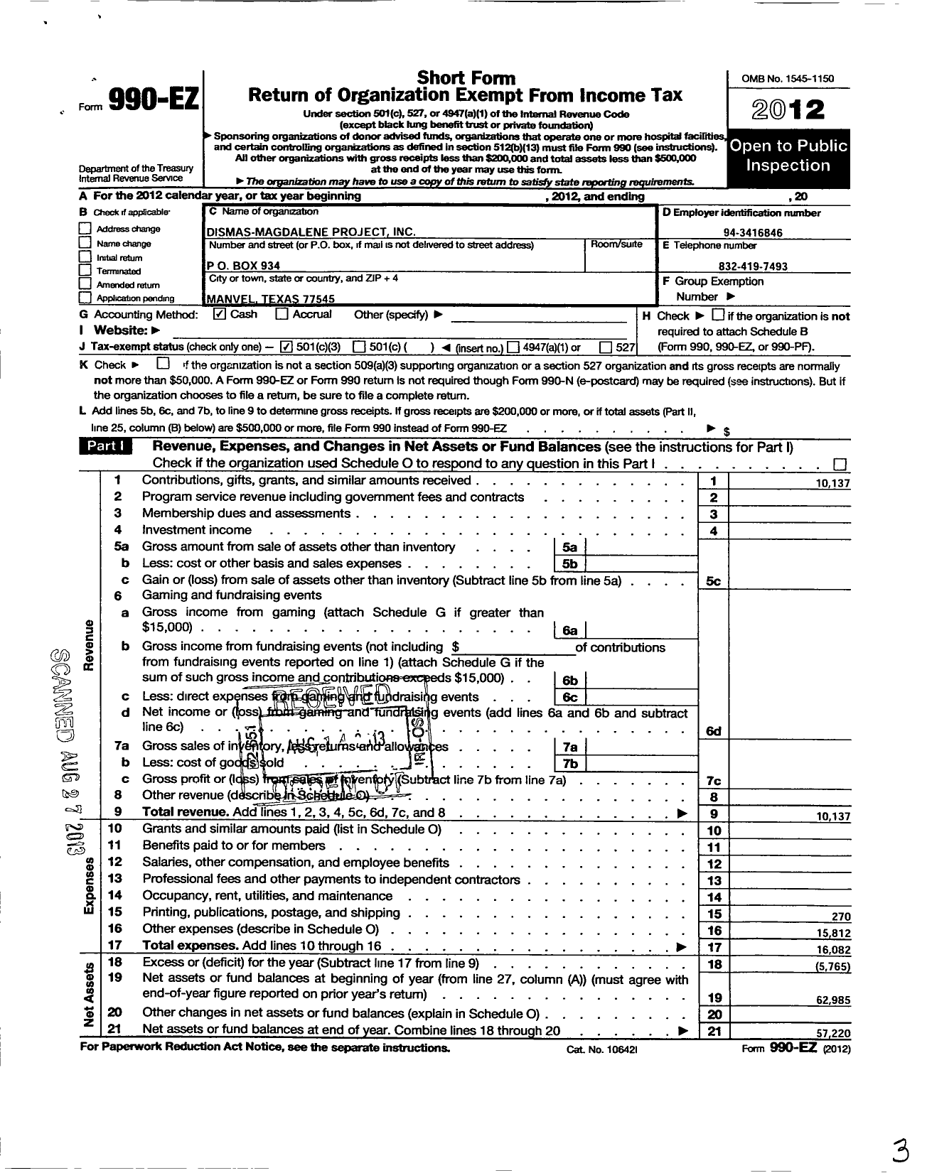 Image of first page of 2012 Form 990EZ for Dismas-Magdalene Project