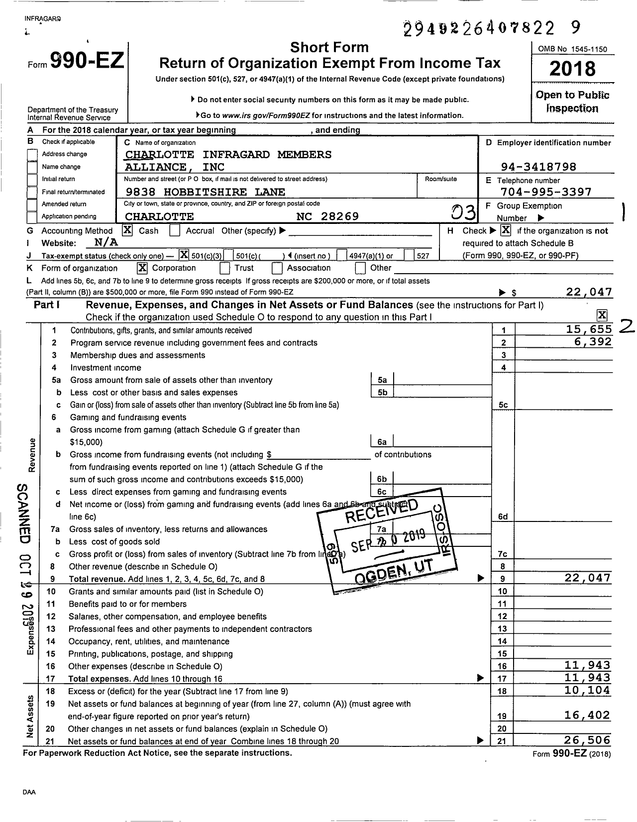 Image of first page of 2018 Form 990EZ for Charlotte Infragard Members Alliance