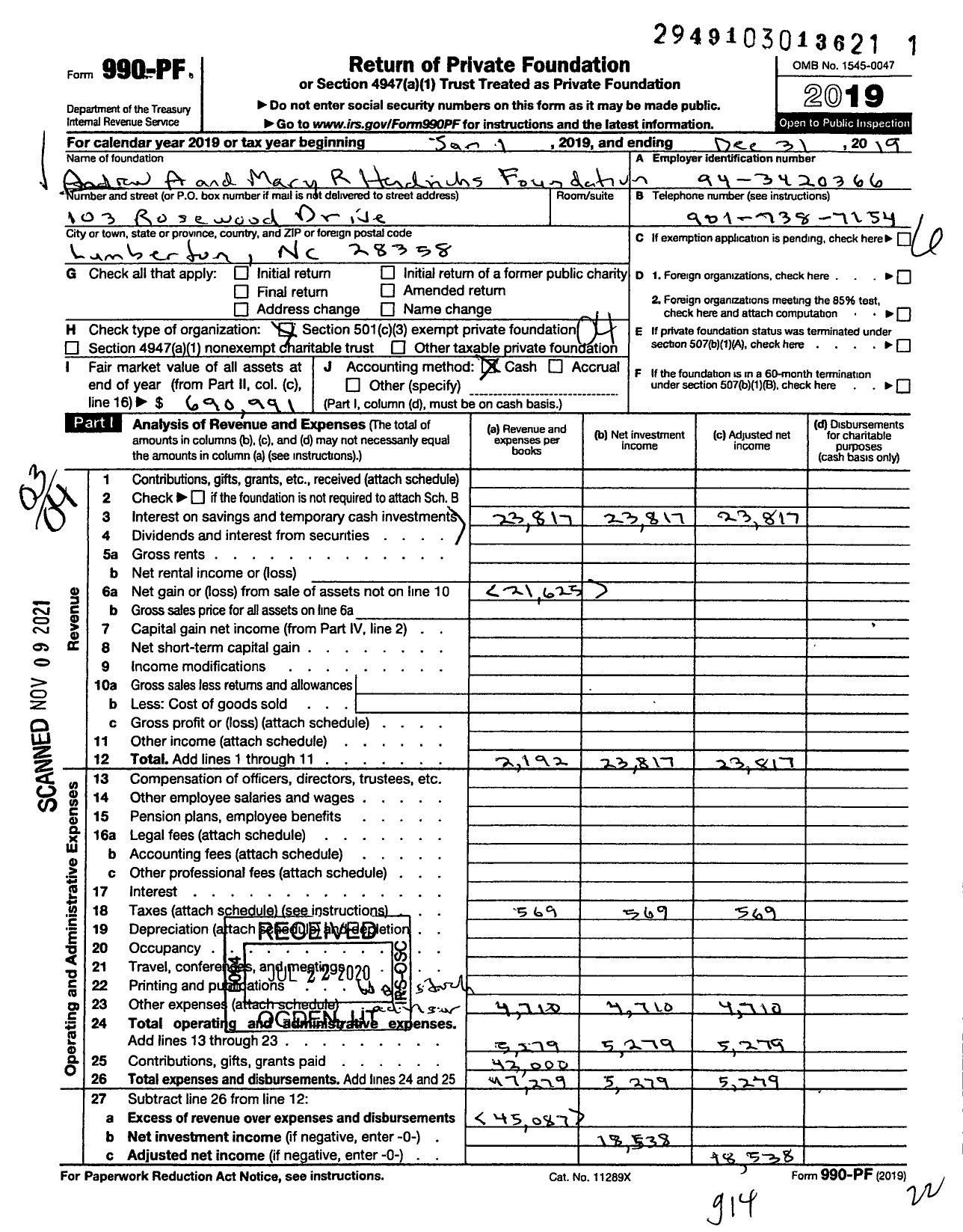 Image of first page of 2019 Form 990PF for Andrew A and Mary R Hendricks Foundation