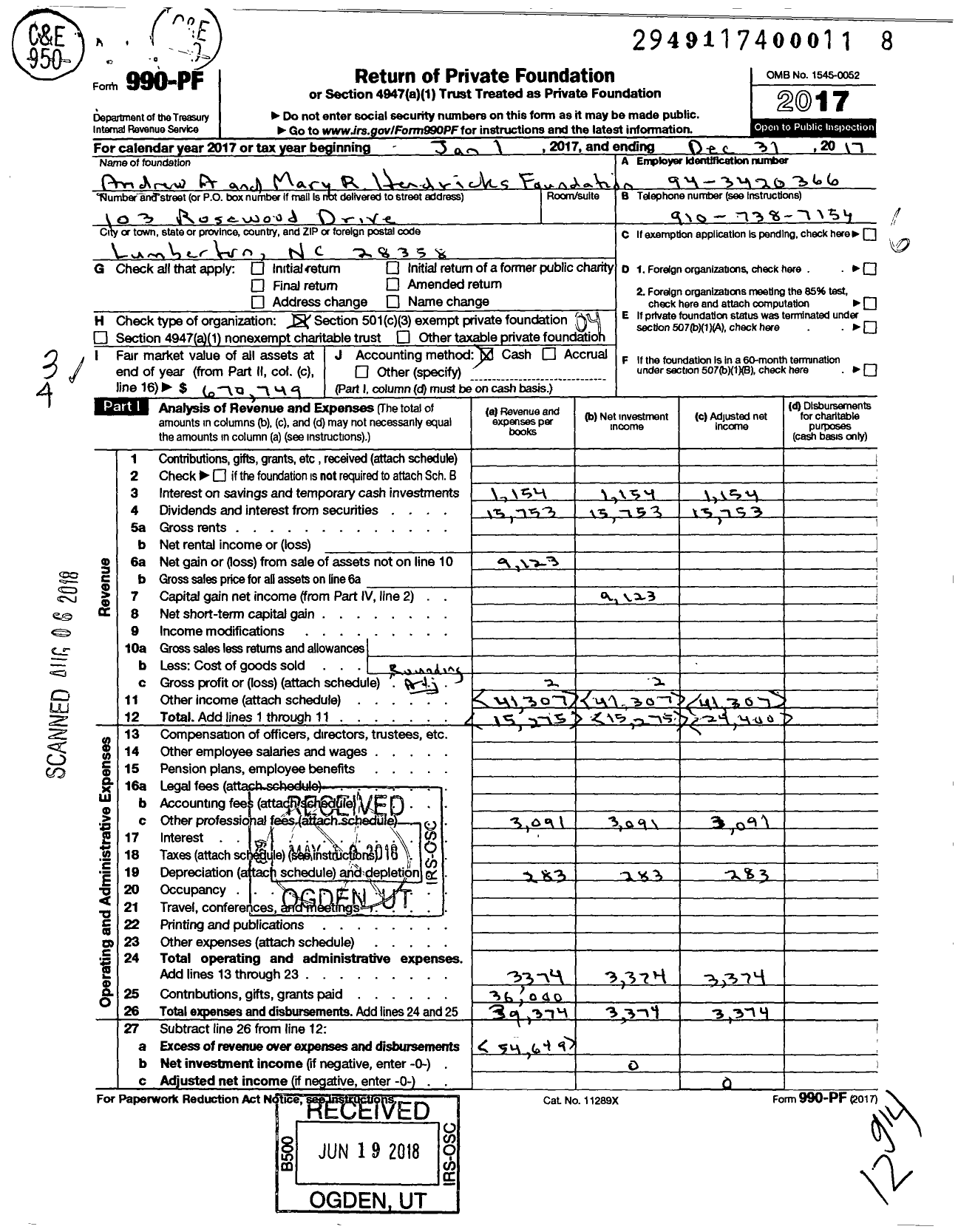 Image of first page of 2017 Form 990PF for Andrew A and Mary R Hendricks Foundation