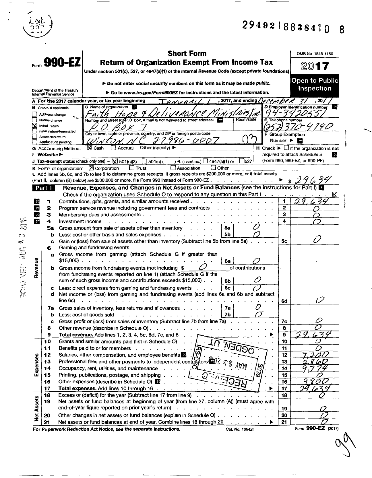 Image of first page of 2017 Form 990EZ for Faith Hope and Deliverance Ministries