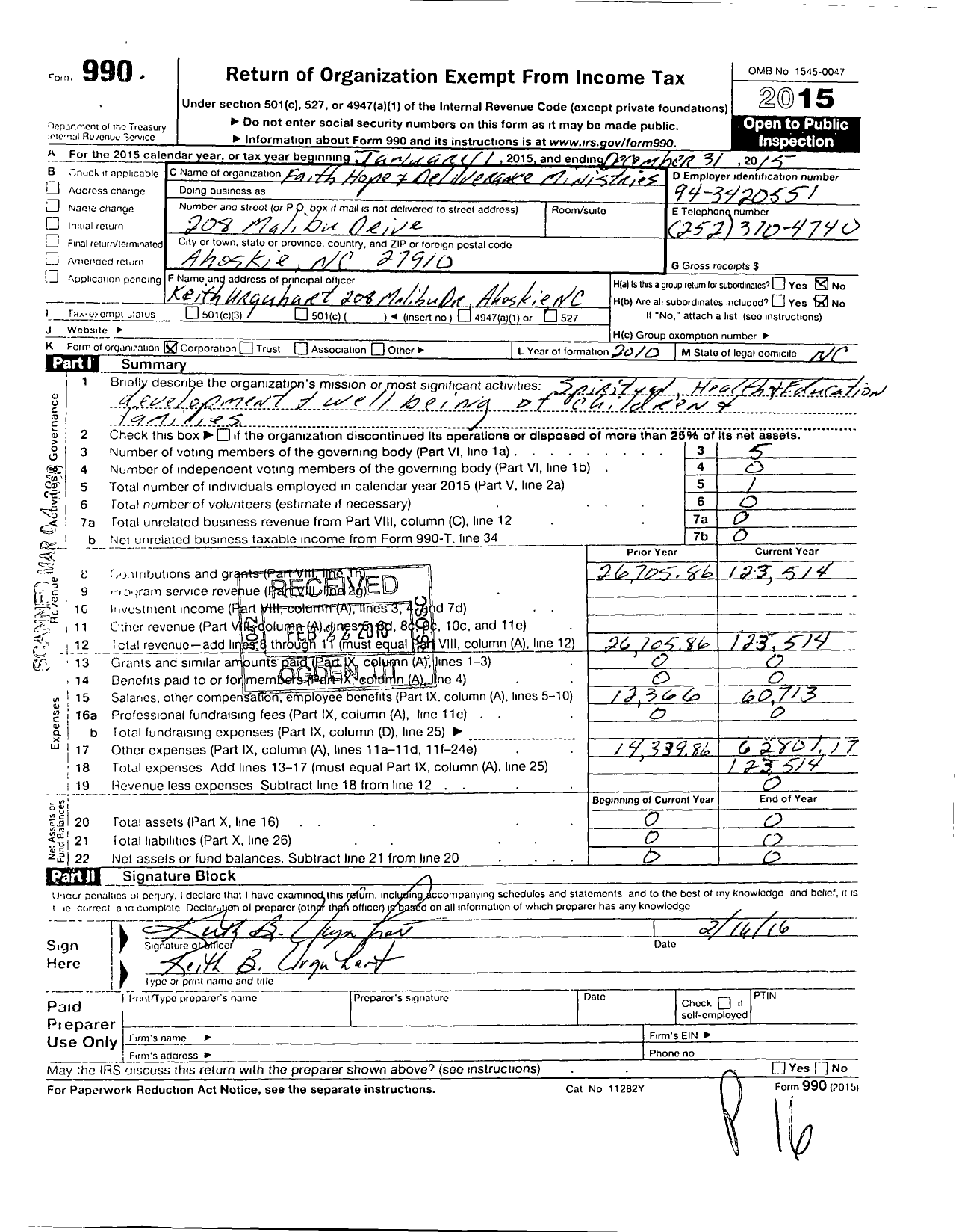 Image of first page of 2015 Form 990O for Faith Hope and Deliverance Ministries