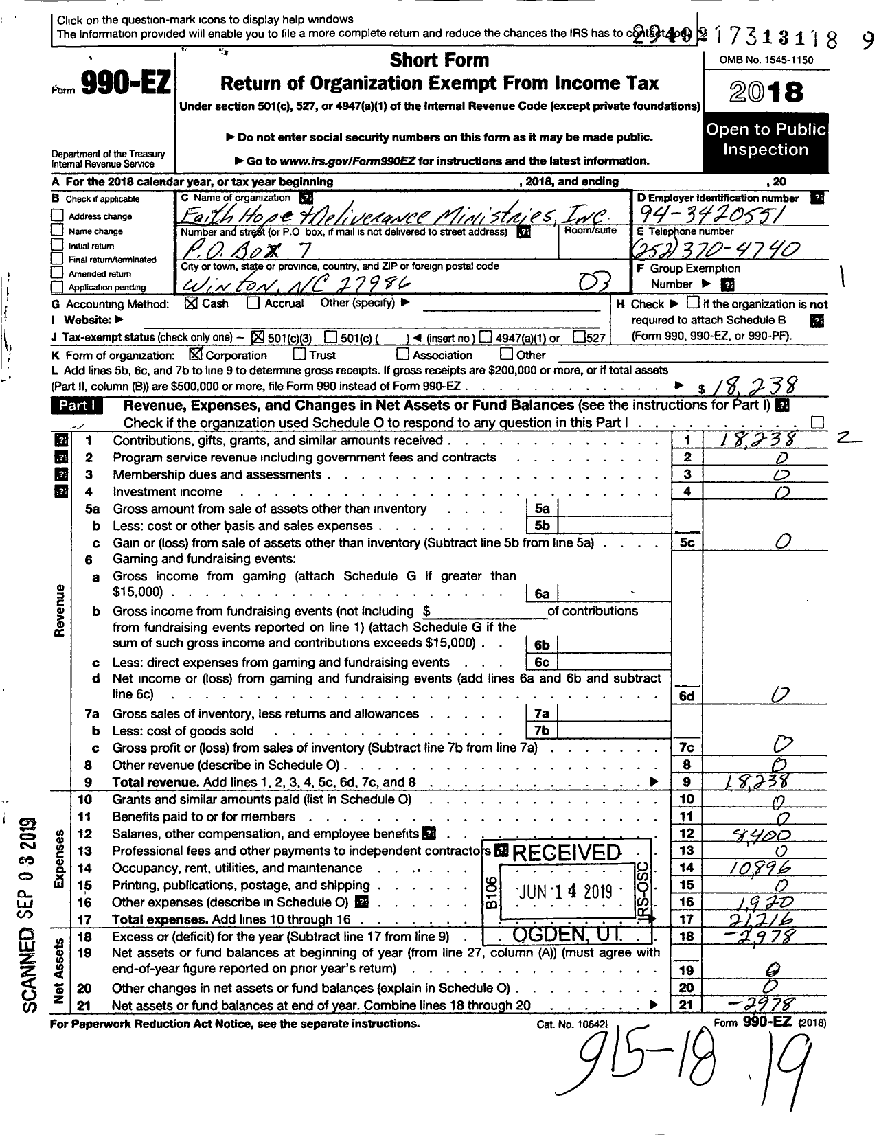 Image of first page of 2018 Form 990EZ for Faith Hope and Deliverance Ministries