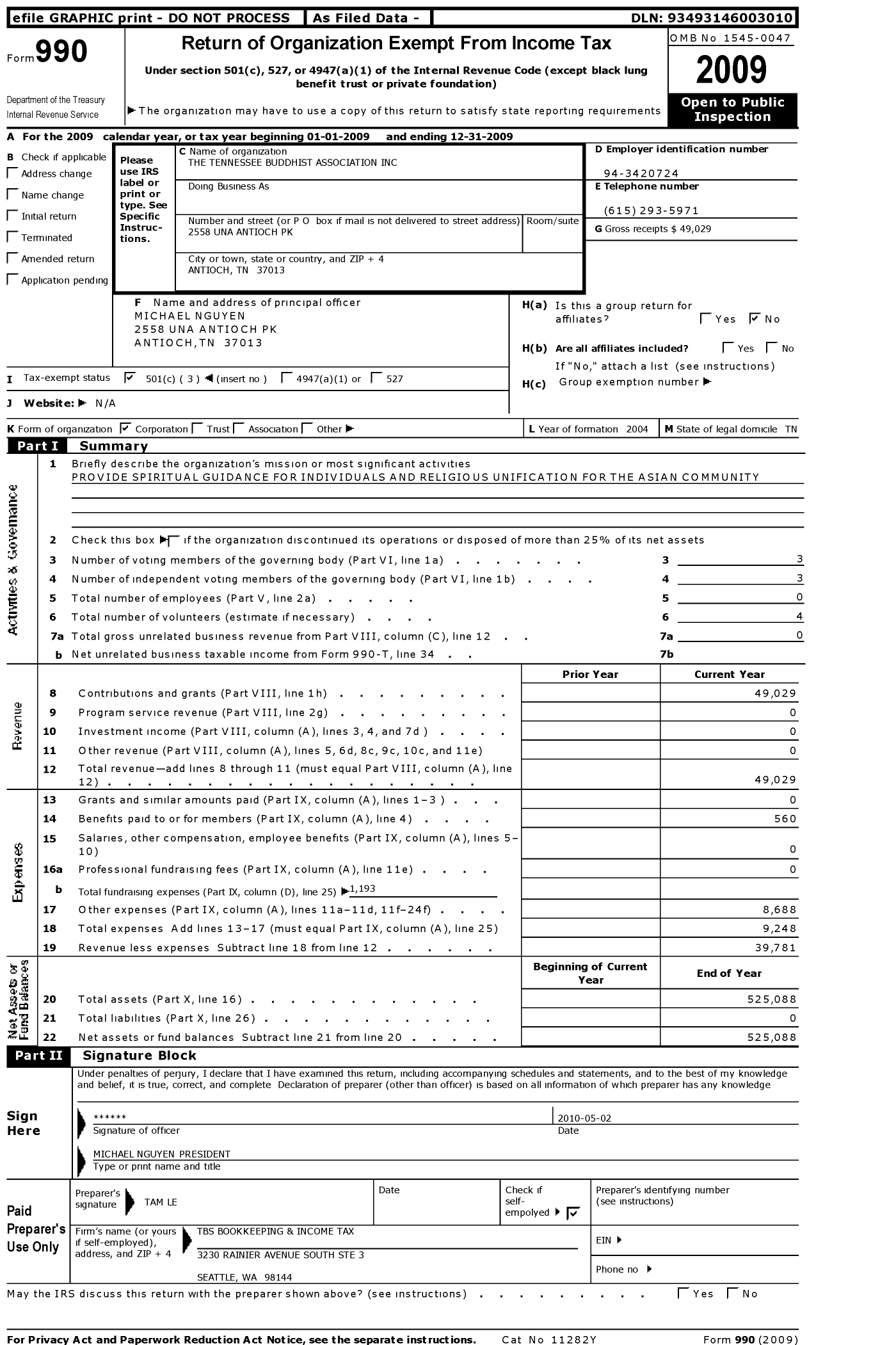 Image of first page of 2009 Form 990 for Tennessee Buddhist Association