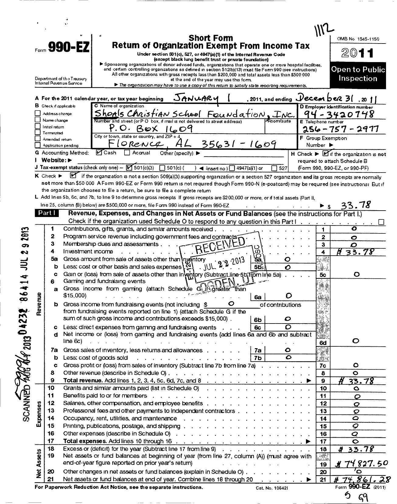 Image of first page of 2011 Form 990EZ for Shoals Christian School Foundation