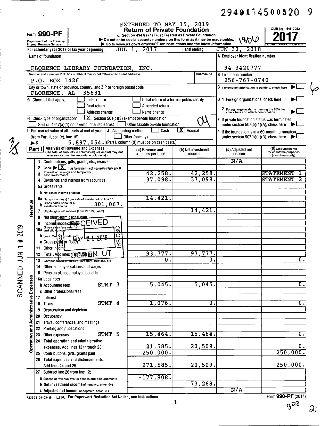 Image of first page of 2017 Form 990PF for Florence Library Foundation