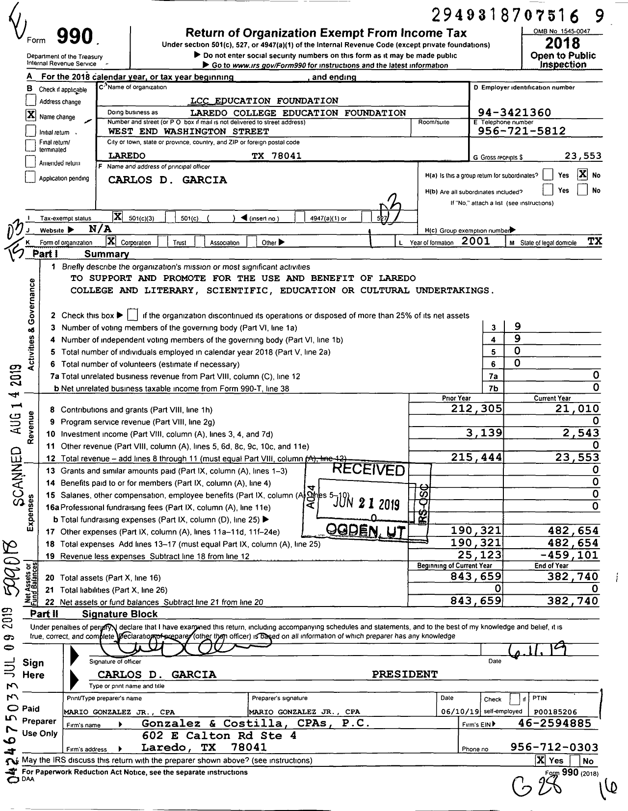 Image of first page of 2018 Form 990 for Laredo College Education Foundation