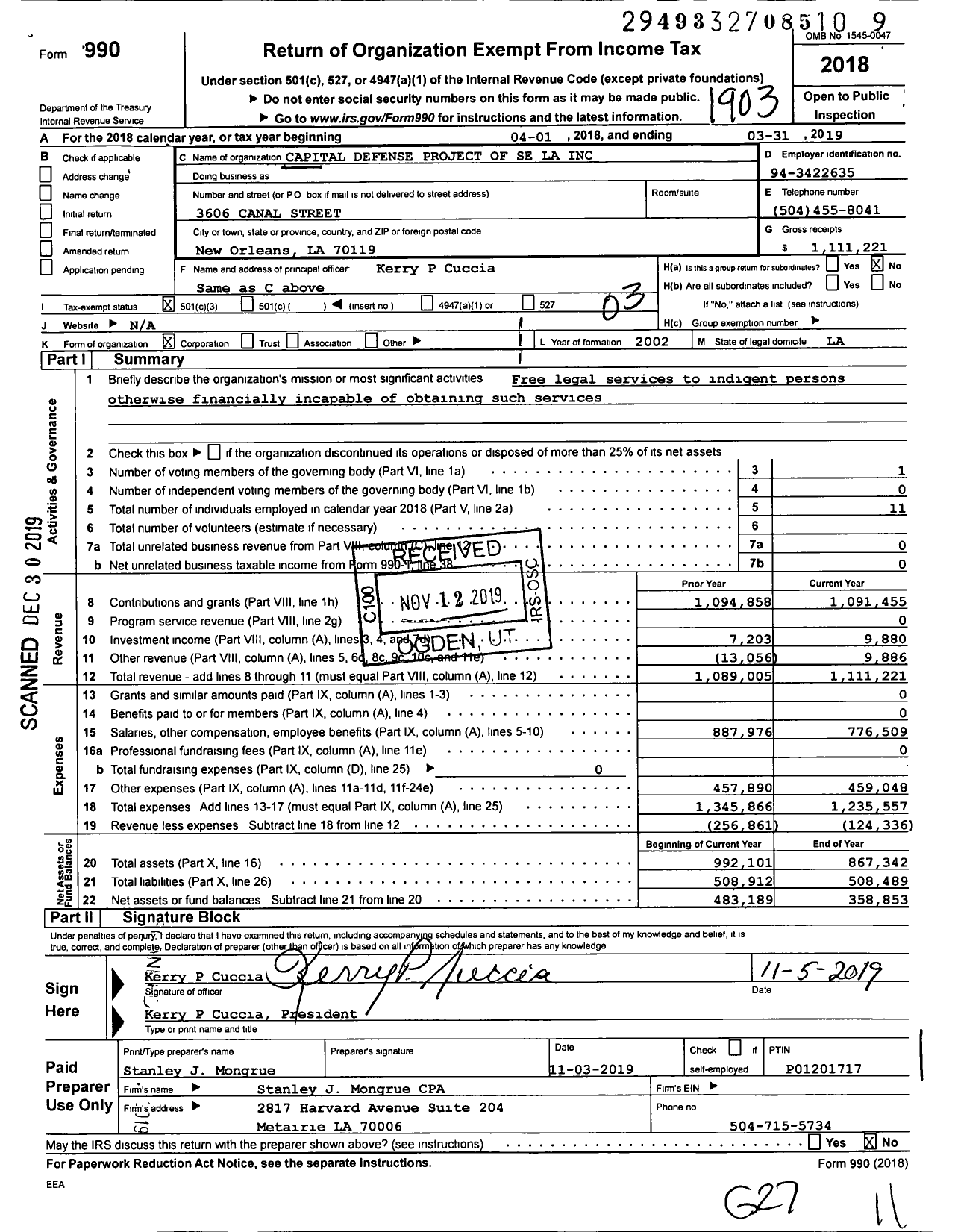 Image of first page of 2018 Form 990 for Capital Defense Project of Se La