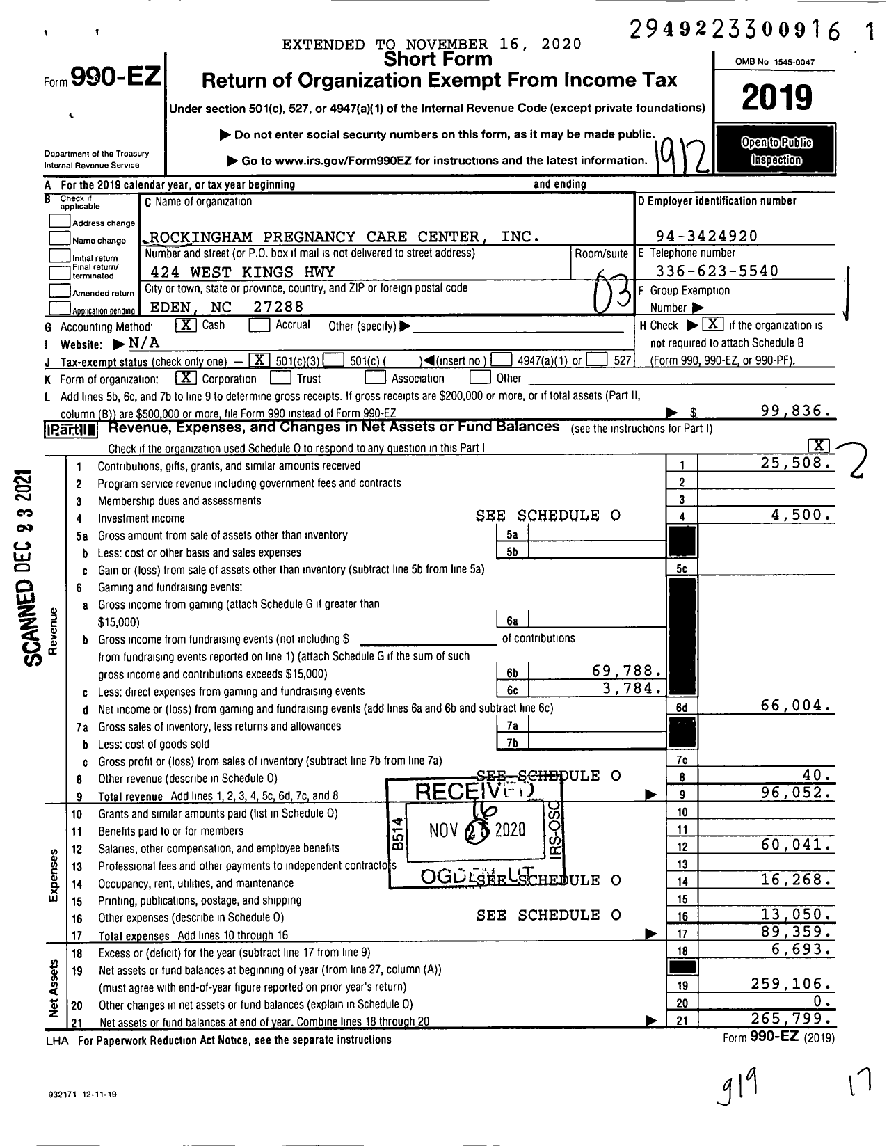 Image of first page of 2019 Form 990EZ for Rockingham Pregnancy Care Center