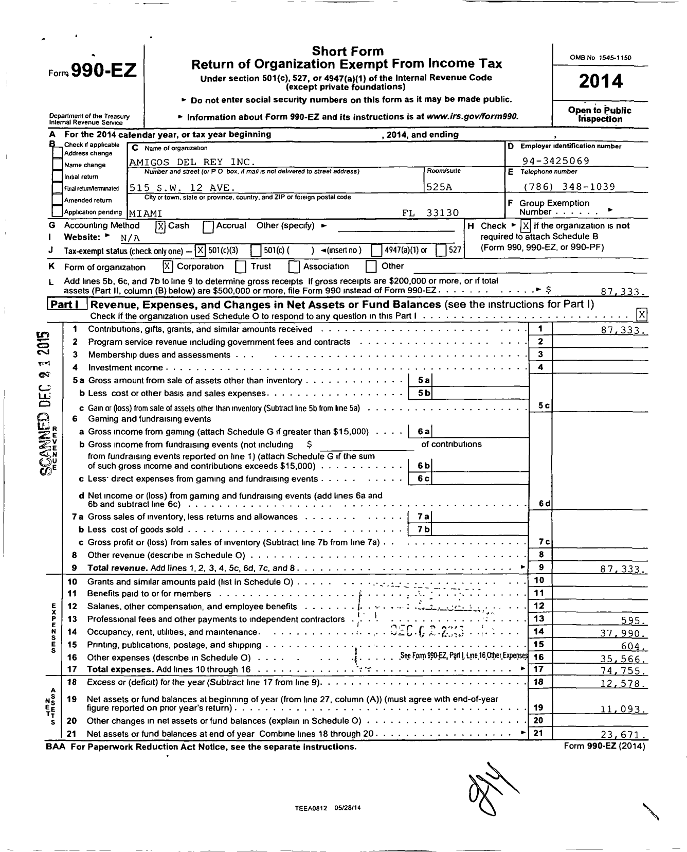 Image of first page of 2014 Form 990EZ for Amigos Del Rey