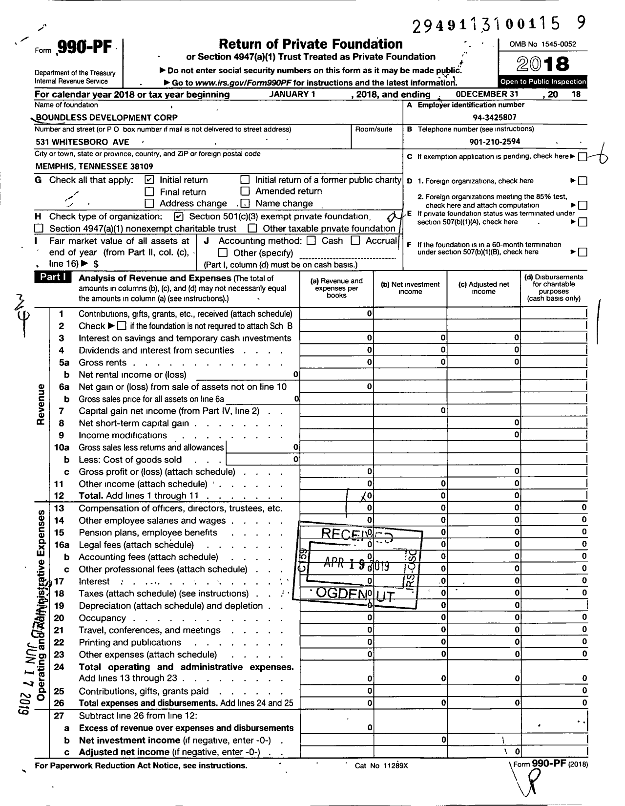 Image of first page of 2018 Form 990PF for Boundless Development Corporation