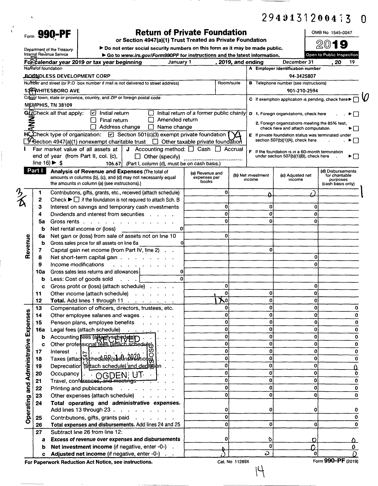 Image of first page of 2019 Form 990PF for Boundless Development Corporation