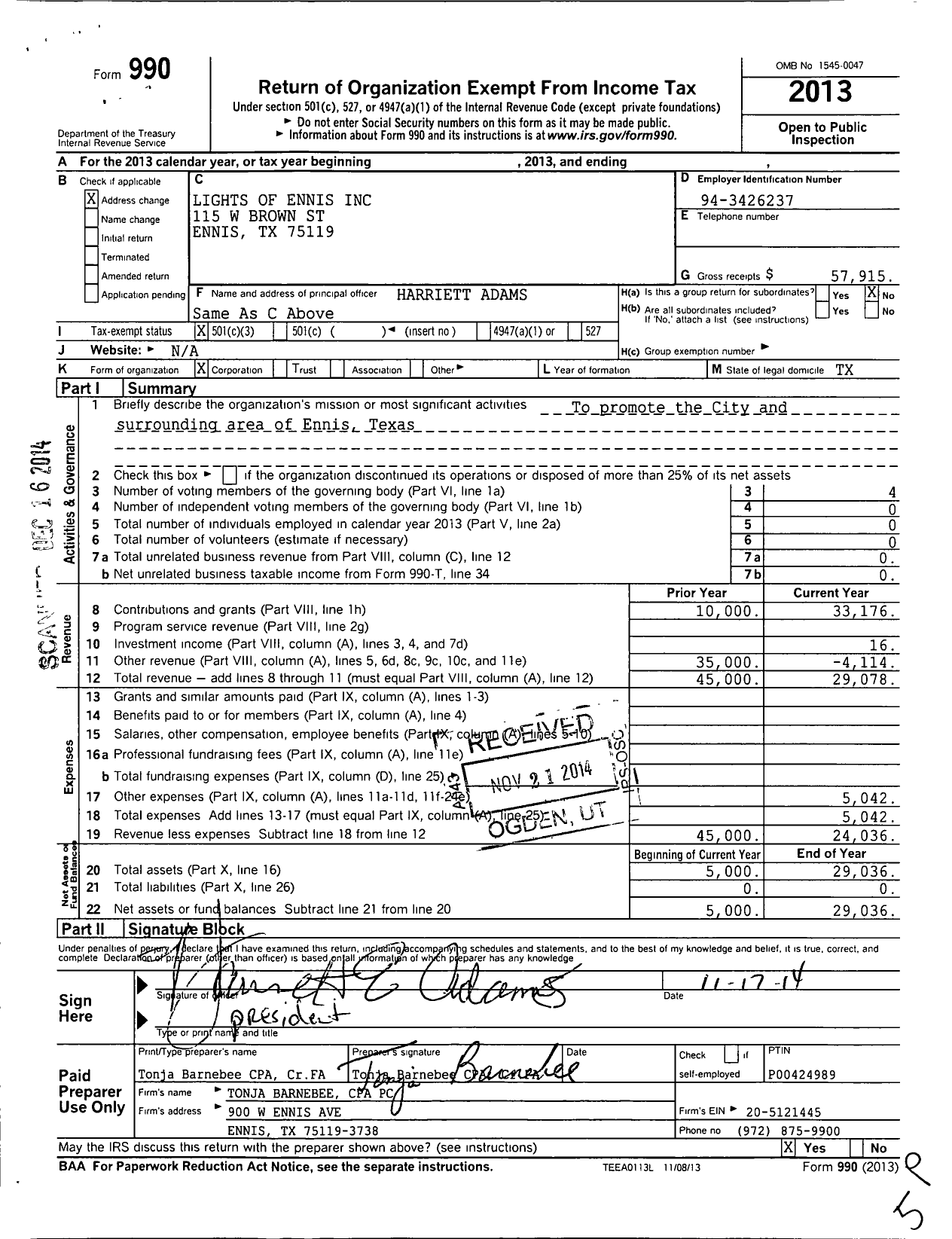 Image of first page of 2013 Form 990 for Lights of Ennis