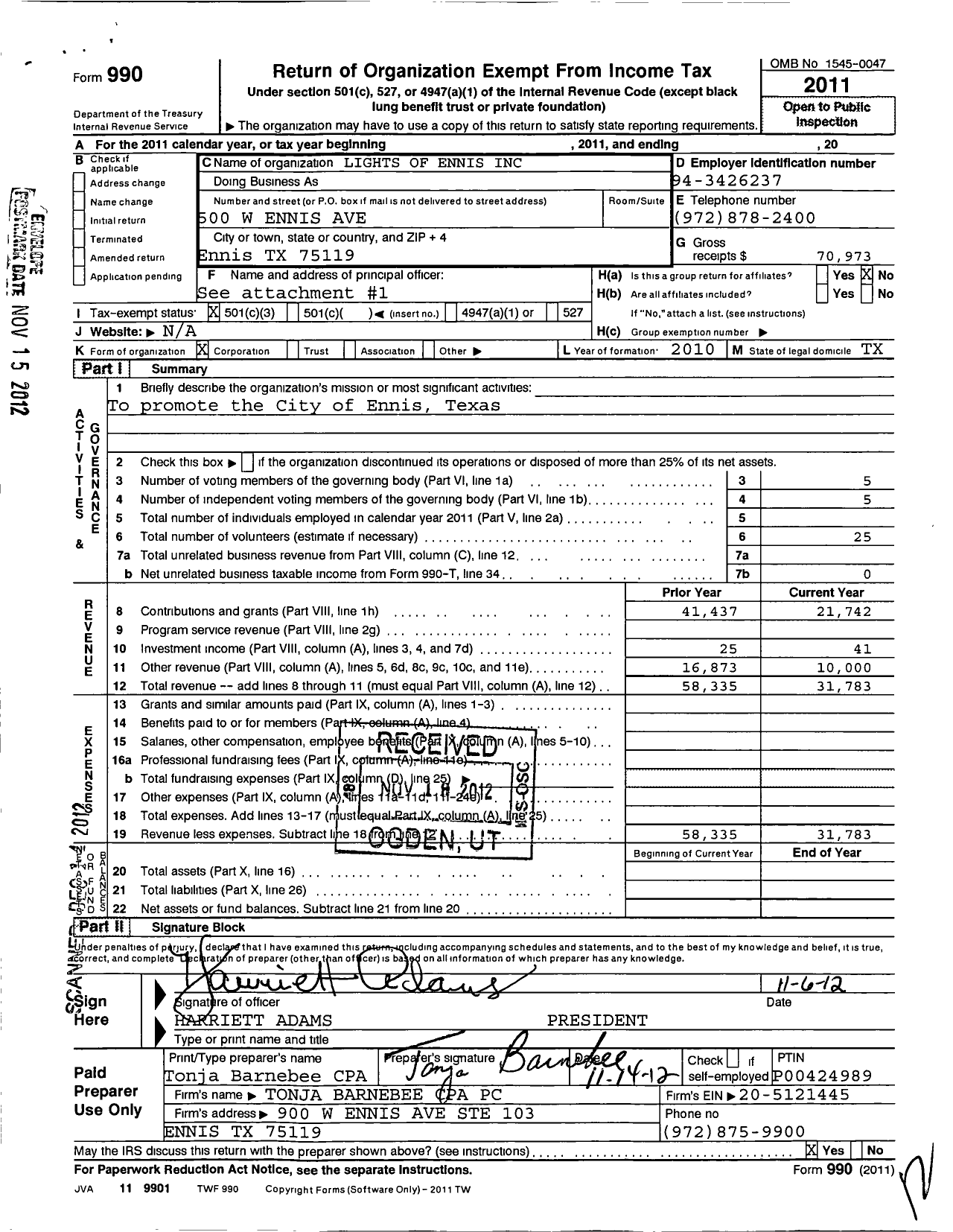 Image of first page of 2011 Form 990 for Lights of Ennis