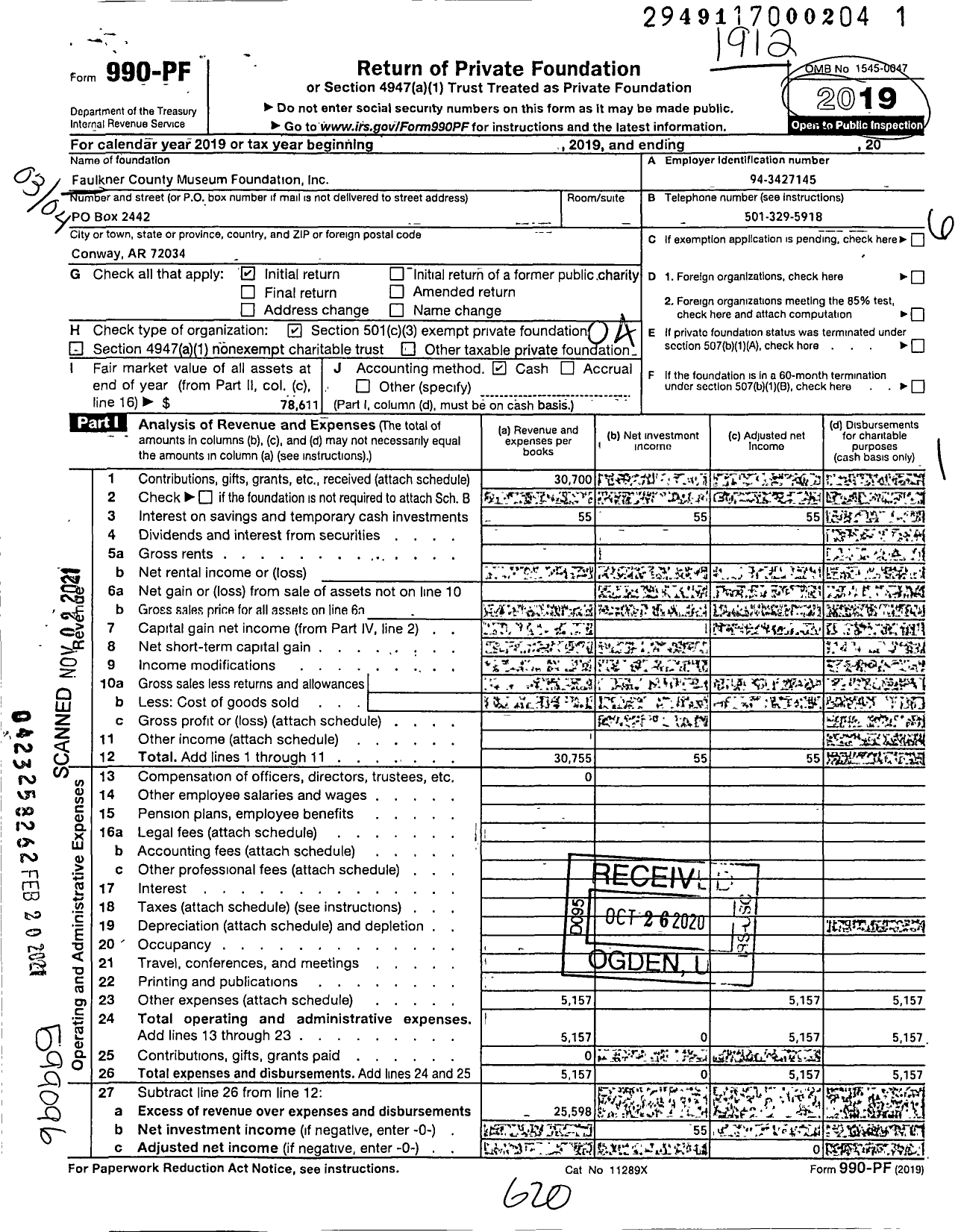 Image of first page of 2019 Form 990PF for Faulkner County Museum Foundation