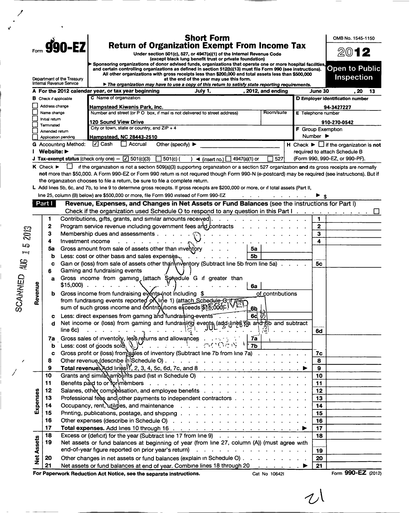 Image of first page of 2012 Form 990EZ for Hampstead Kiwanis Park