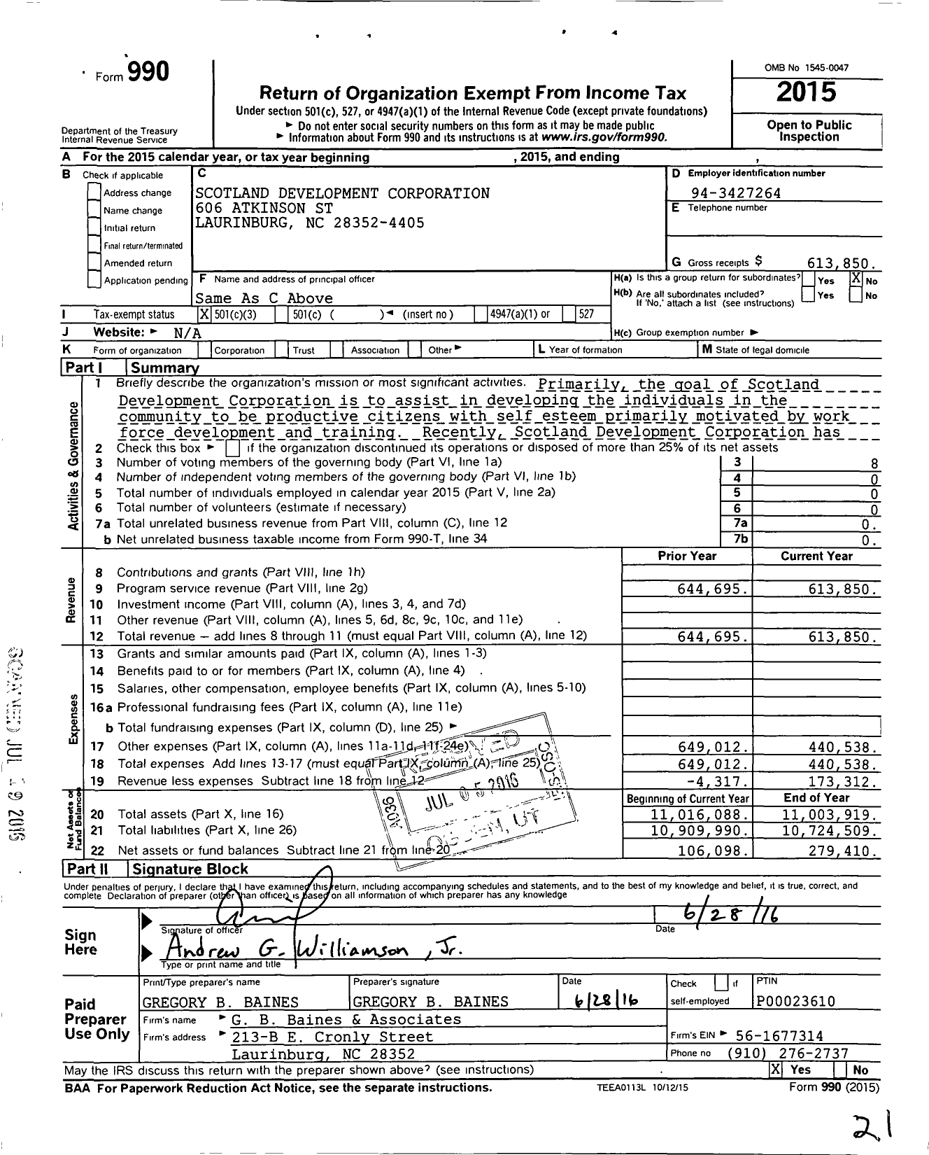 Image of first page of 2015 Form 990 for Scotland Development Corporation