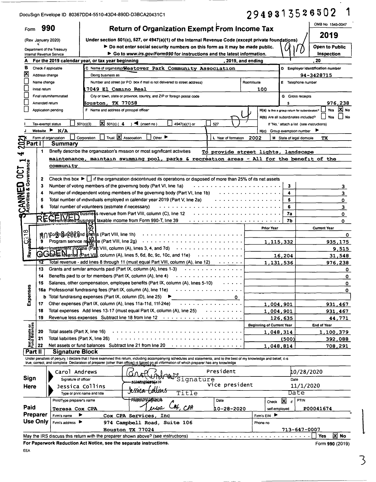 Image of first page of 2019 Form 990O for Westover Park Community Association