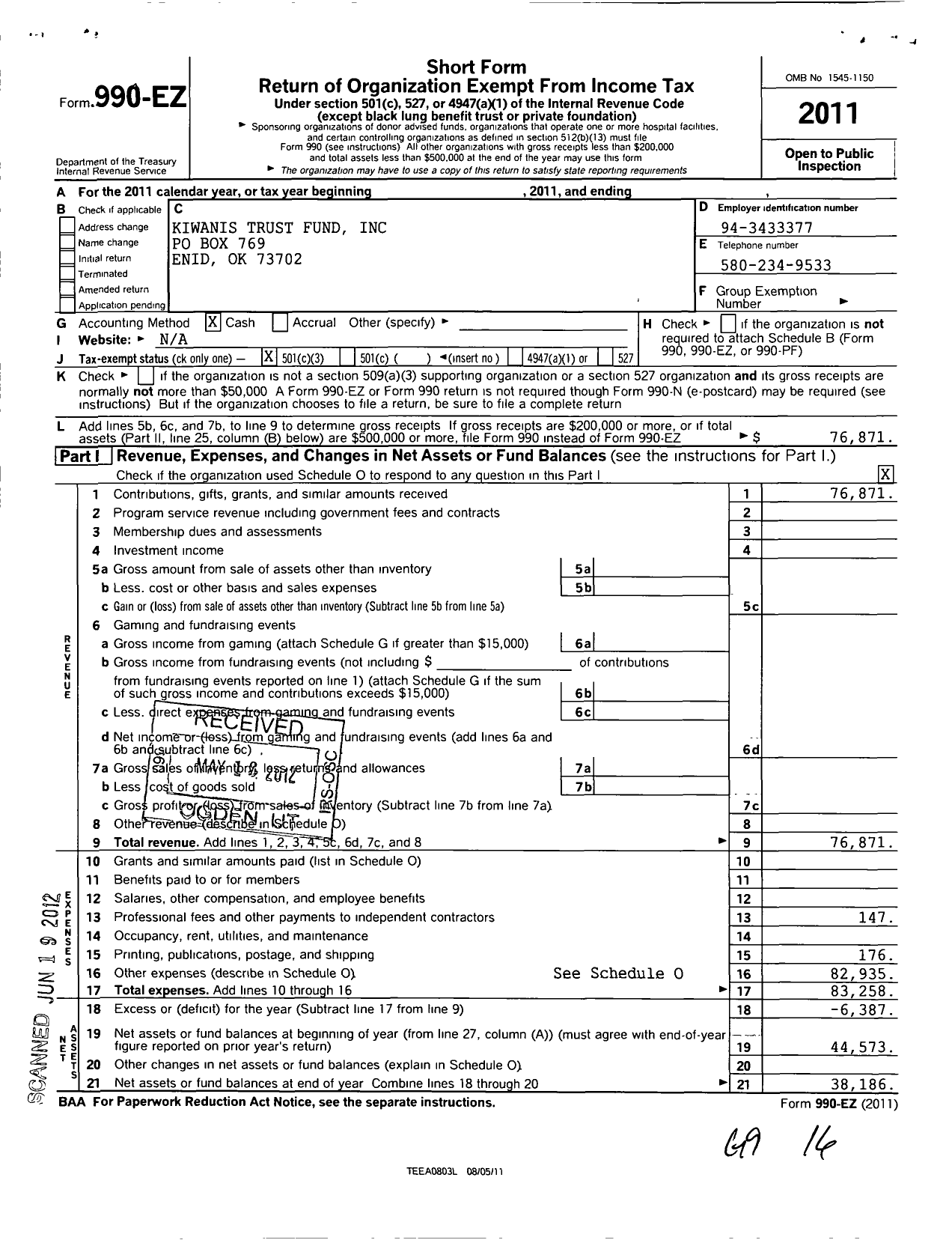 Image of first page of 2011 Form 990EZ for Kiwanis Trust Fund