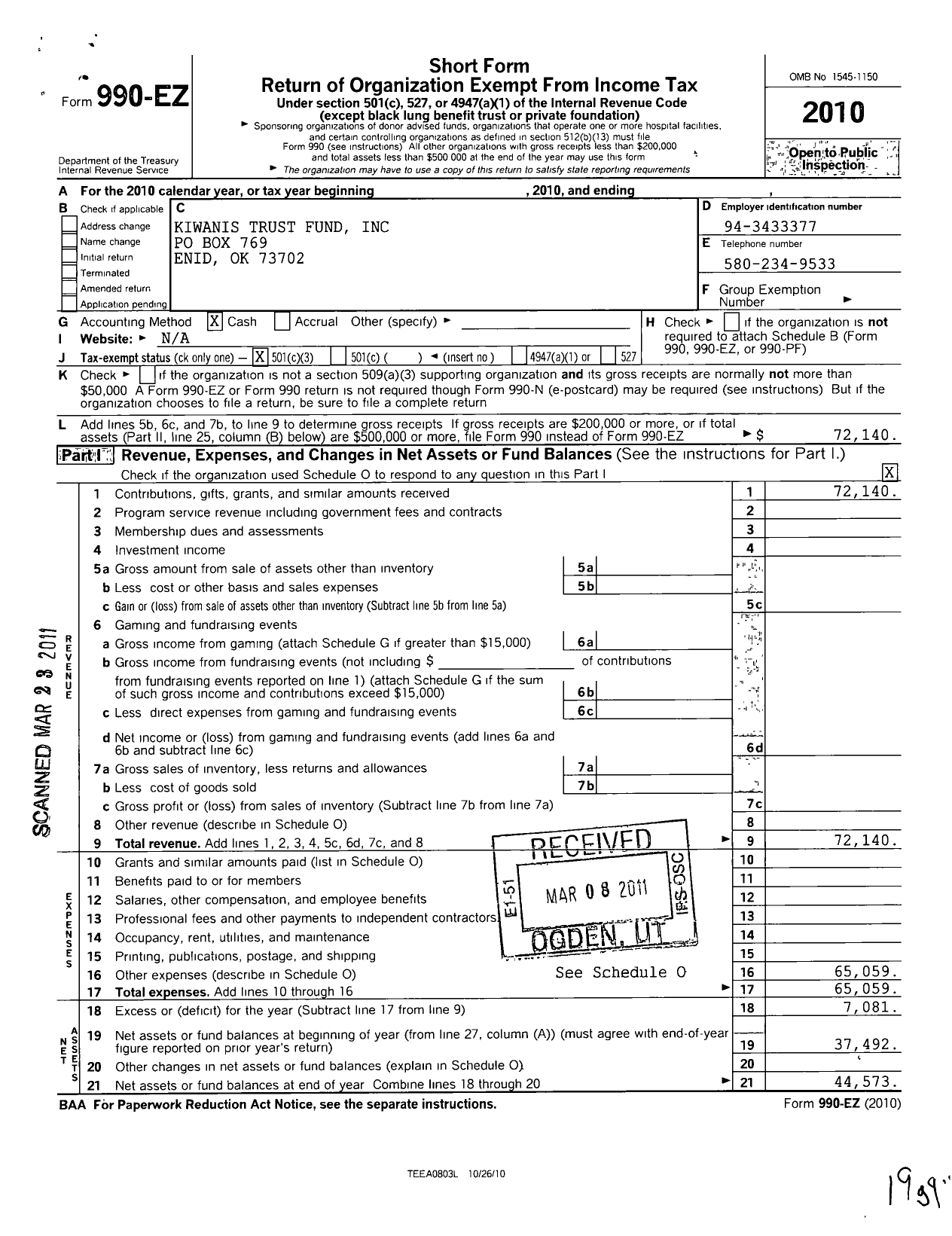 Image of first page of 2010 Form 990EZ for Kiwanis Trust Fund
