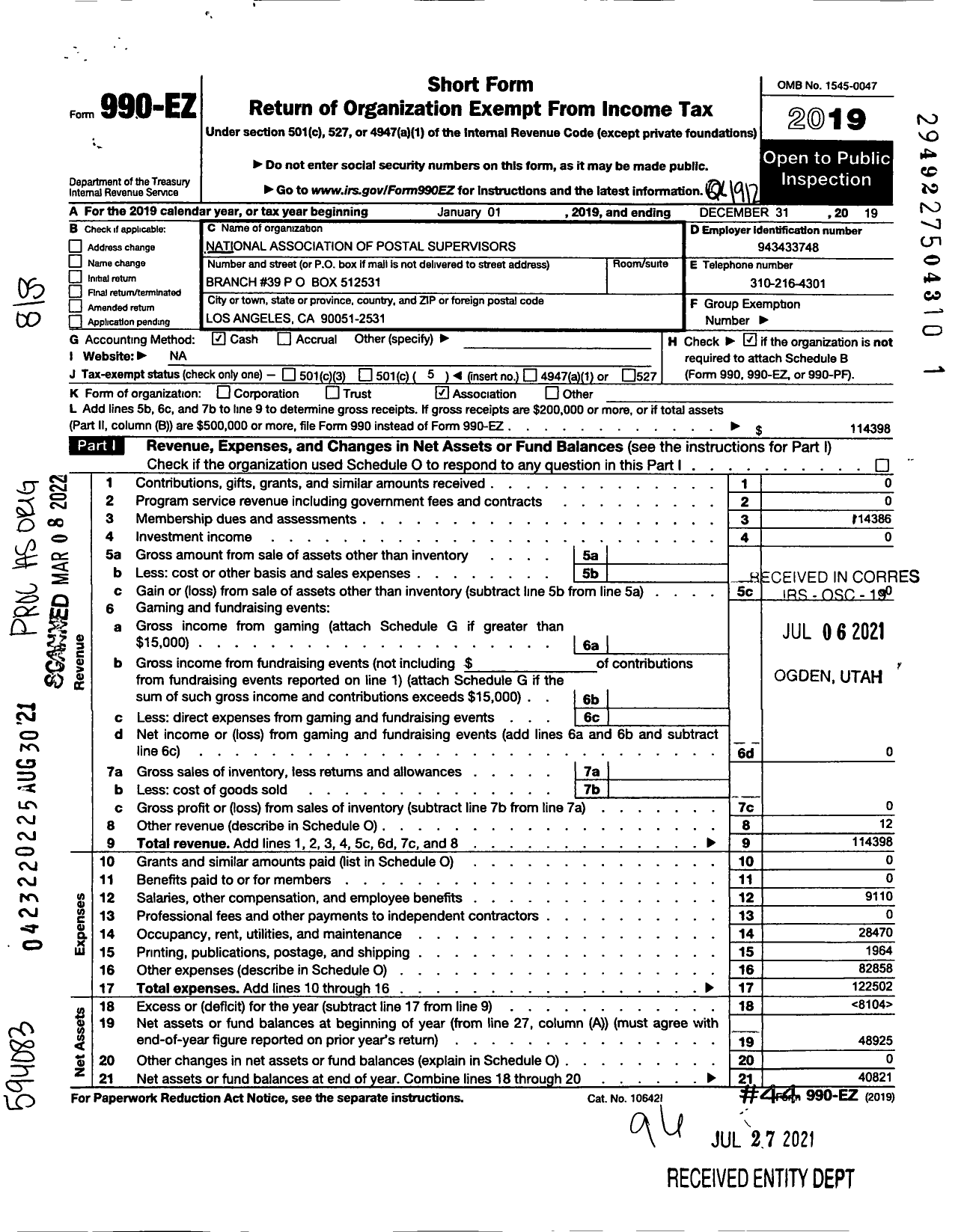 Image of first page of 2019 Form 990EO for National Association of Postal Supervisors