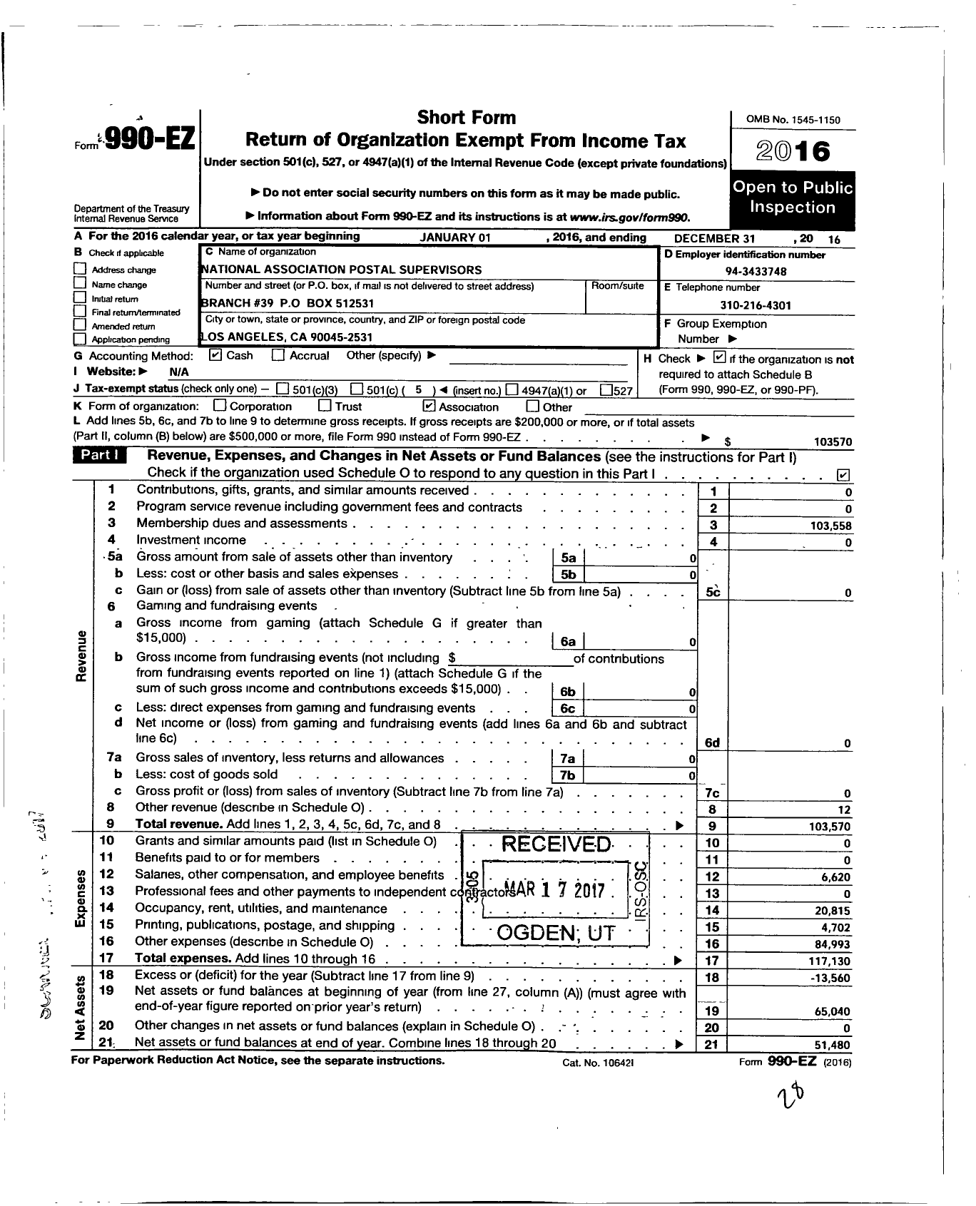 Image of first page of 2016 Form 990EO for National Association of Postal Supervisors