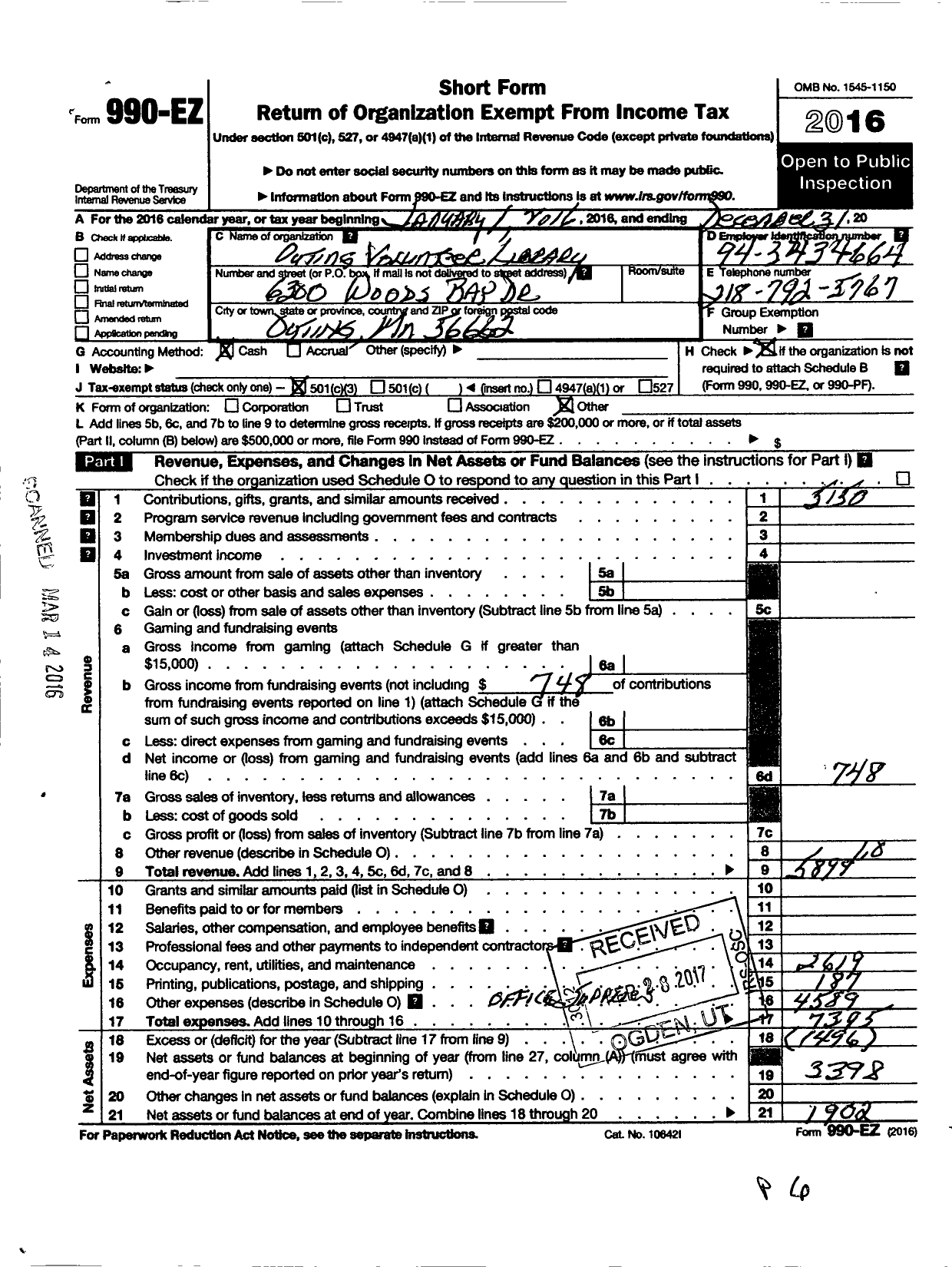 Image of first page of 2016 Form 990EZ for Outing Volunteer Library