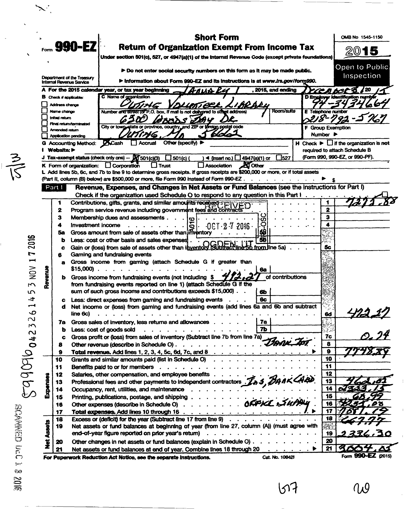 Image of first page of 2015 Form 990EZ for Outing Volunteer Library