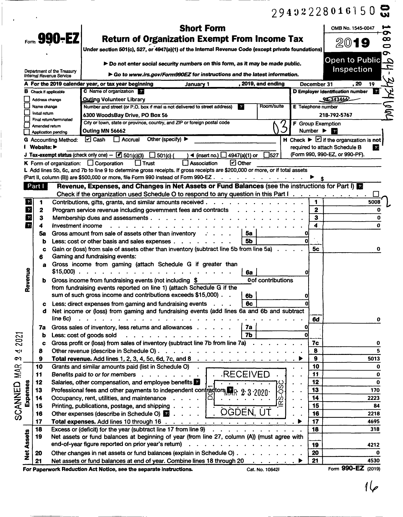 Image of first page of 2019 Form 990EZ for Outing Volunteer Library