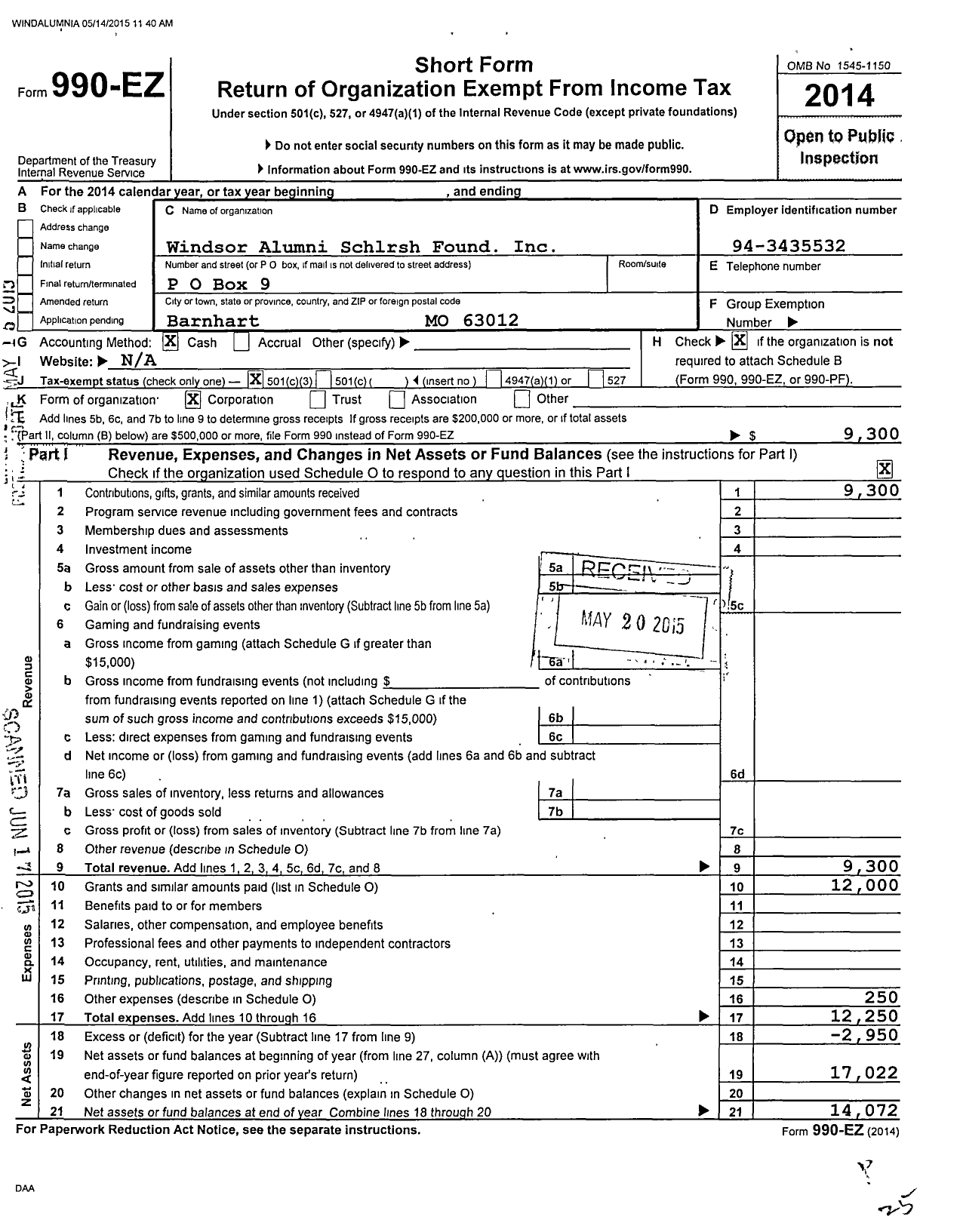 Image of first page of 2014 Form 990EZ for Windsor Alumni Scholarship Foundation