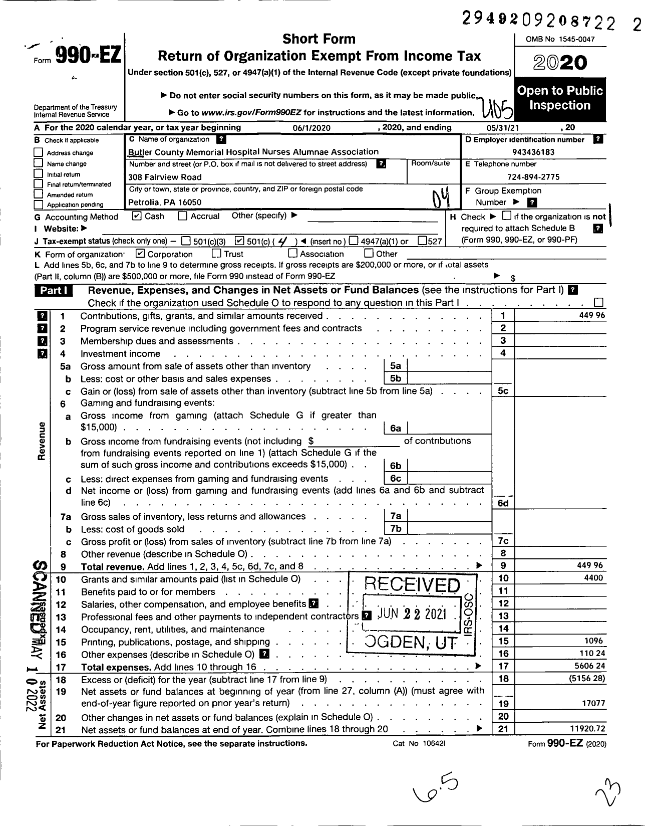 Image of first page of 2020 Form 990EO for Butler County Memorial Hospital Nurses Alumnae Association