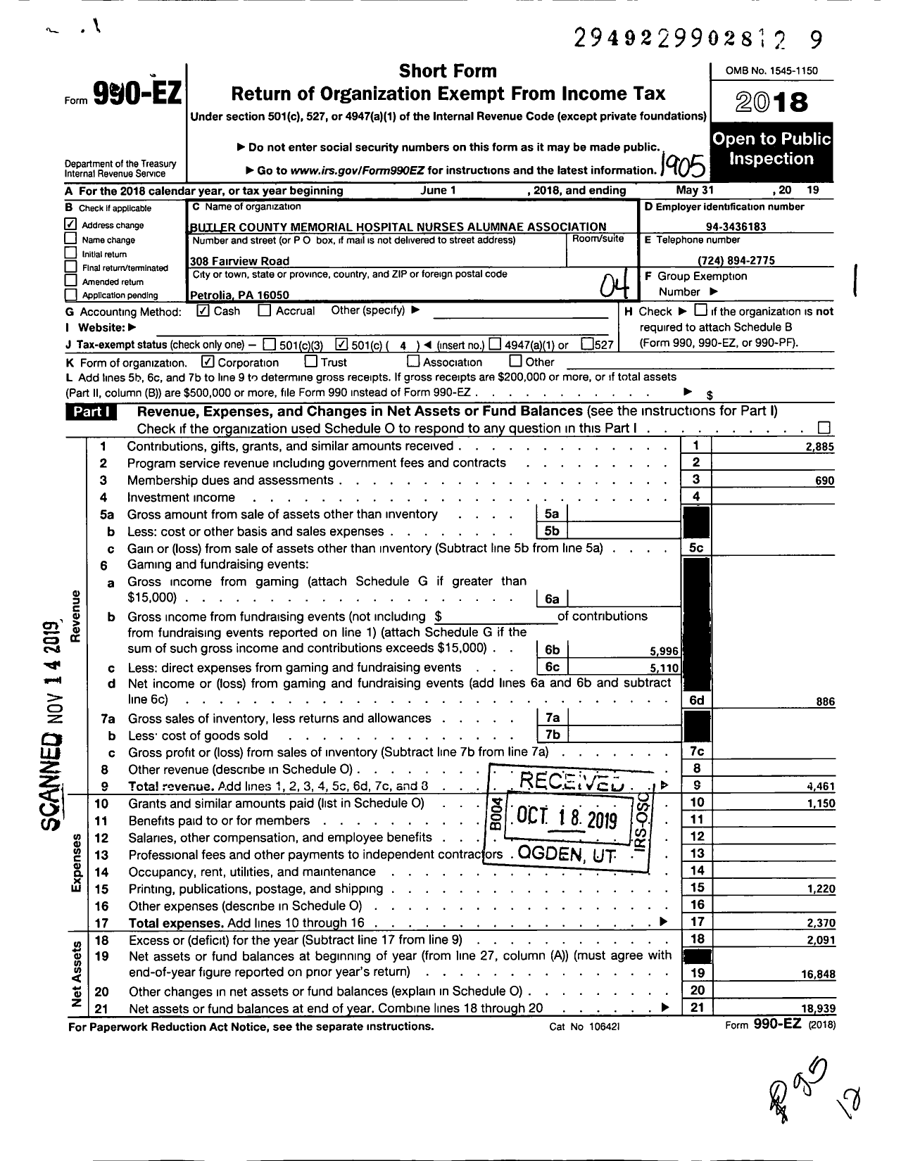 Image of first page of 2018 Form 990EO for Butler County Memorial Hospital Nurses Alumnae Association