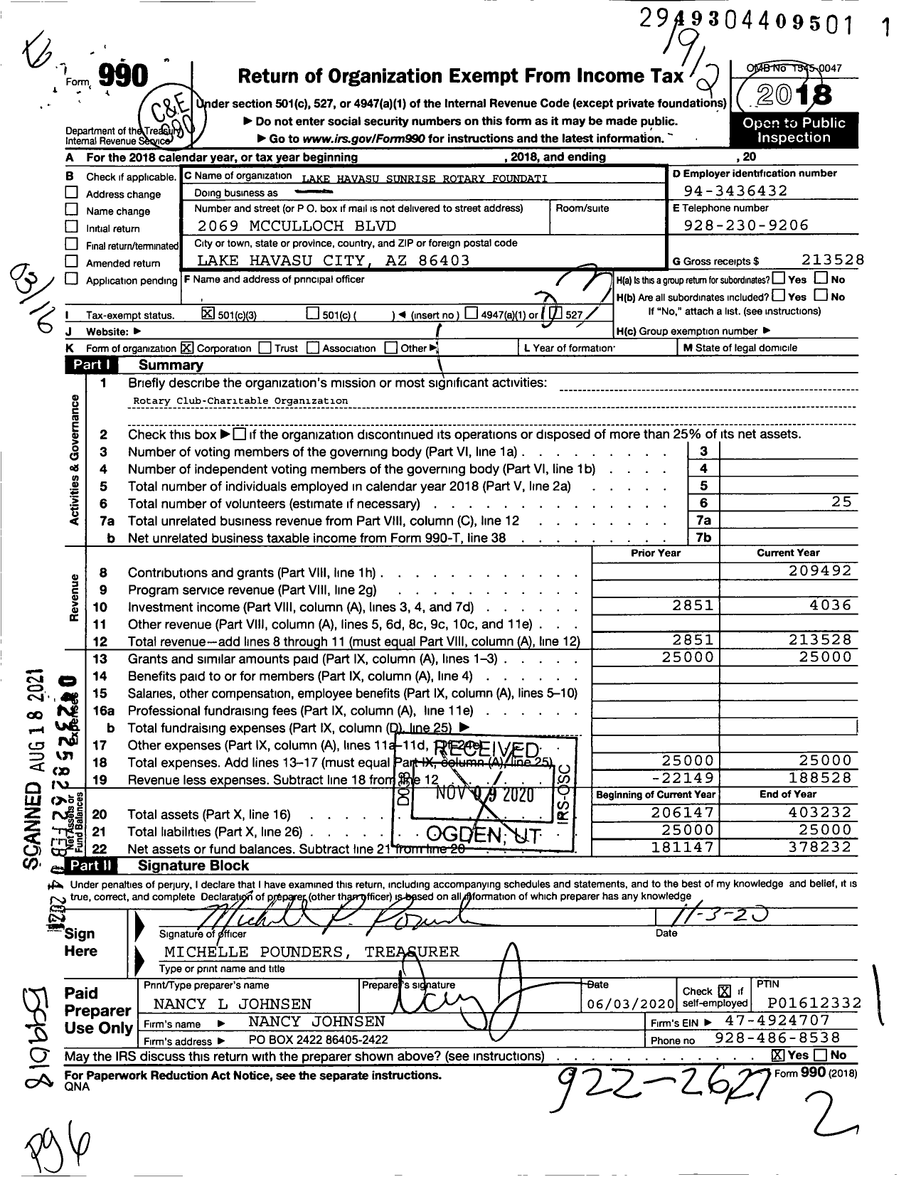 Image of first page of 2019 Form 990 for Lake Havasu Sunrise Rotary Foundation