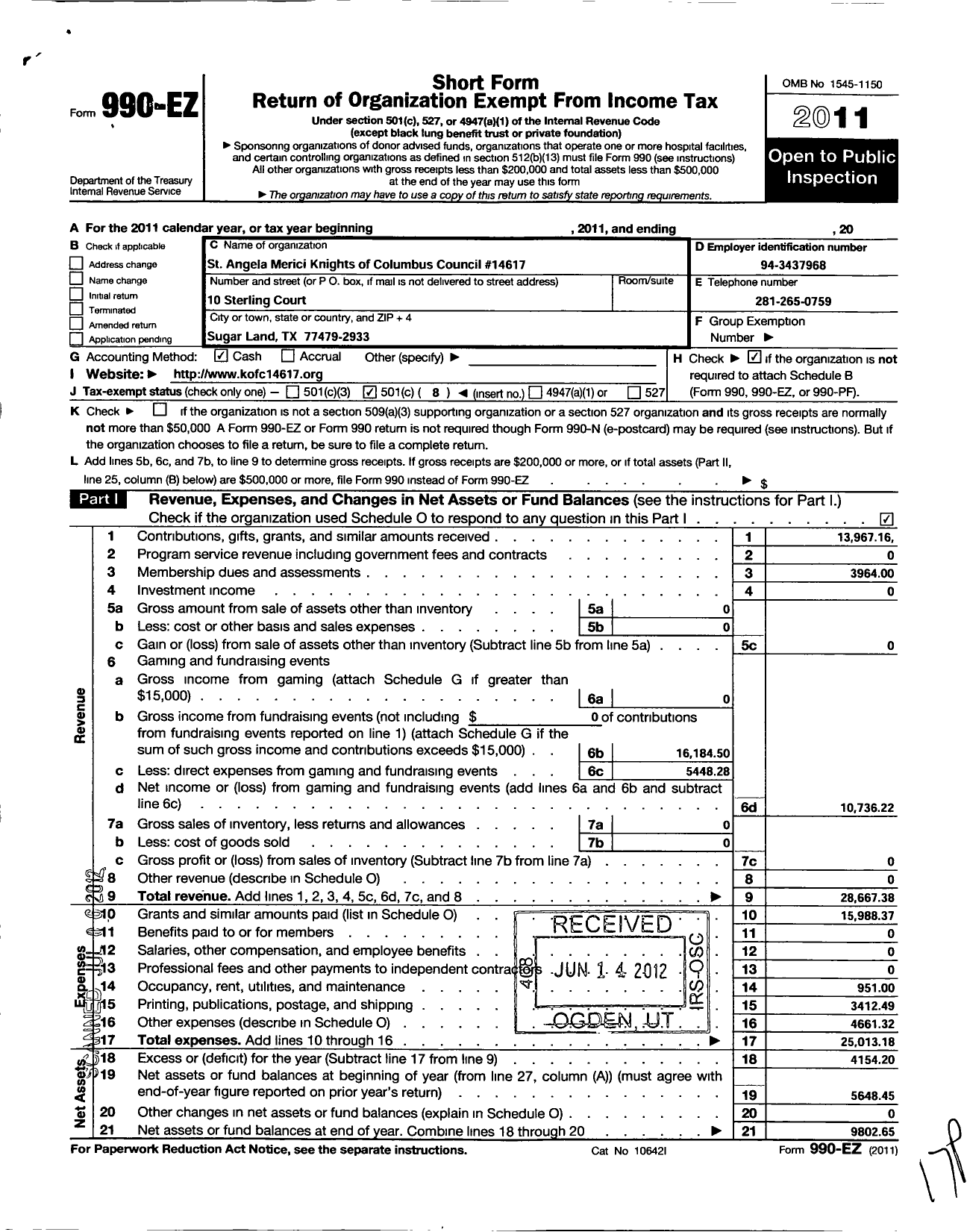 Image of first page of 2011 Form 990EO for Knights of Columbus - 14617 St Angela Merici Council